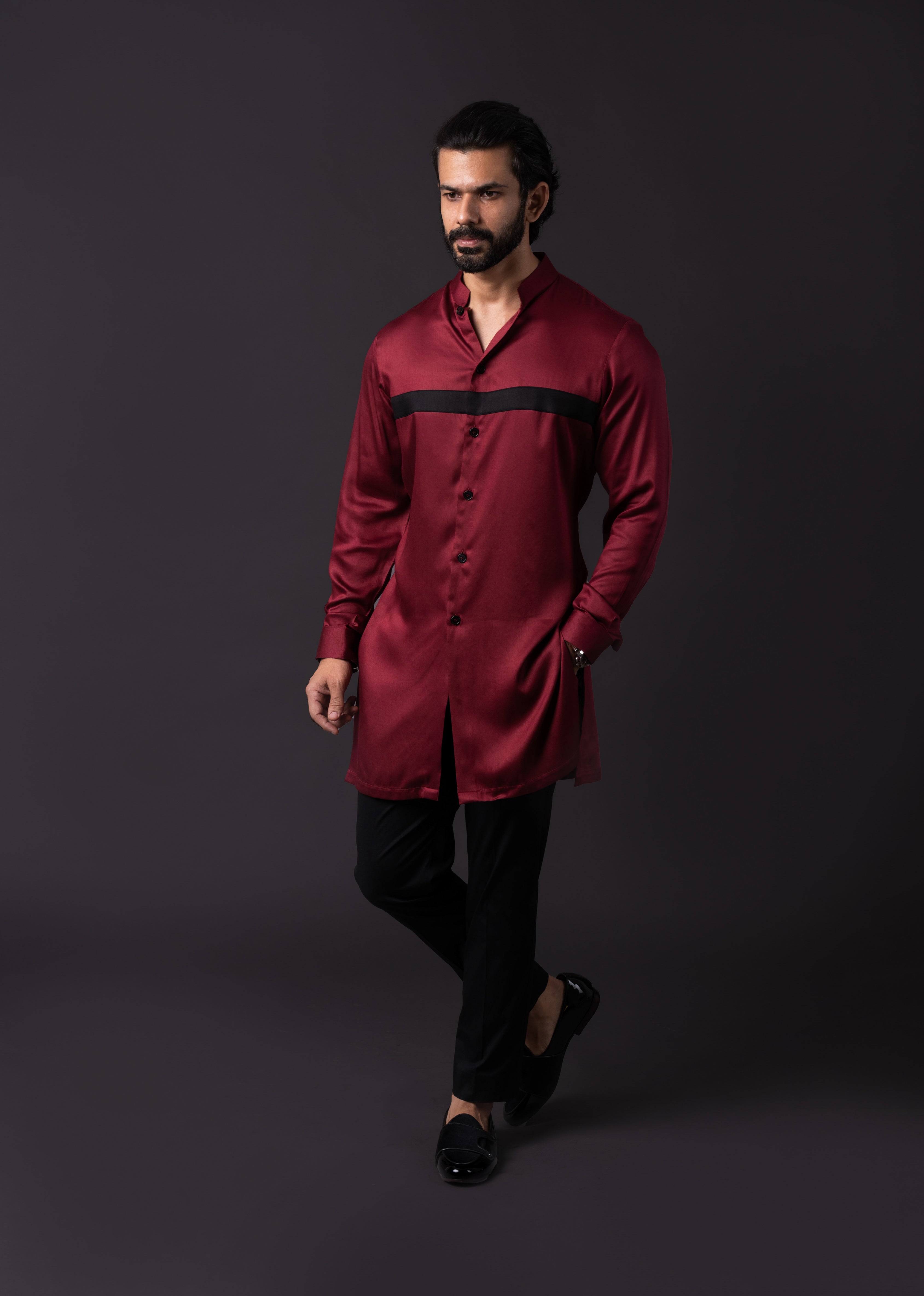 Maroon Black Strip Shirt Kurta