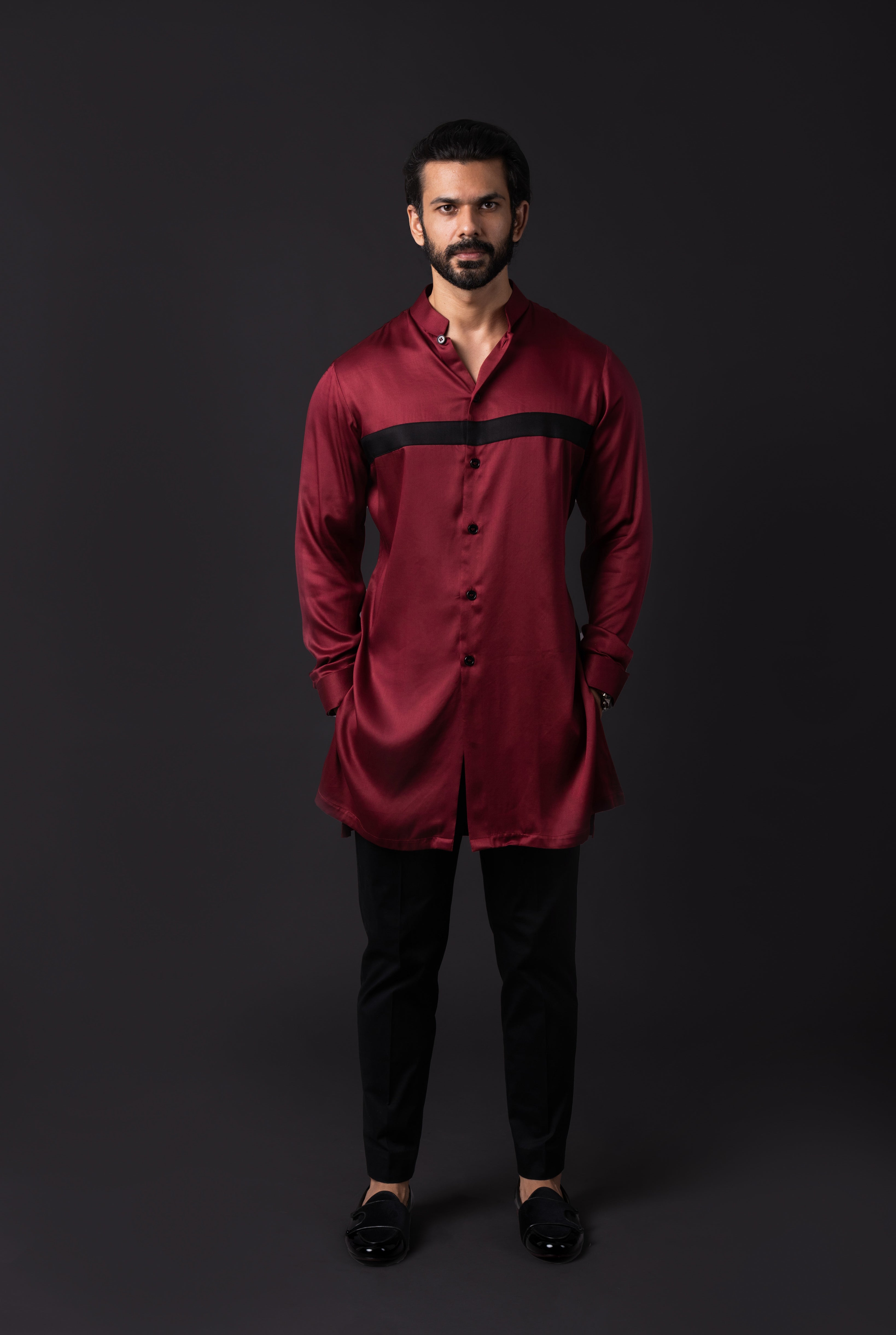 Maroon Black Strip Shirt Kurta