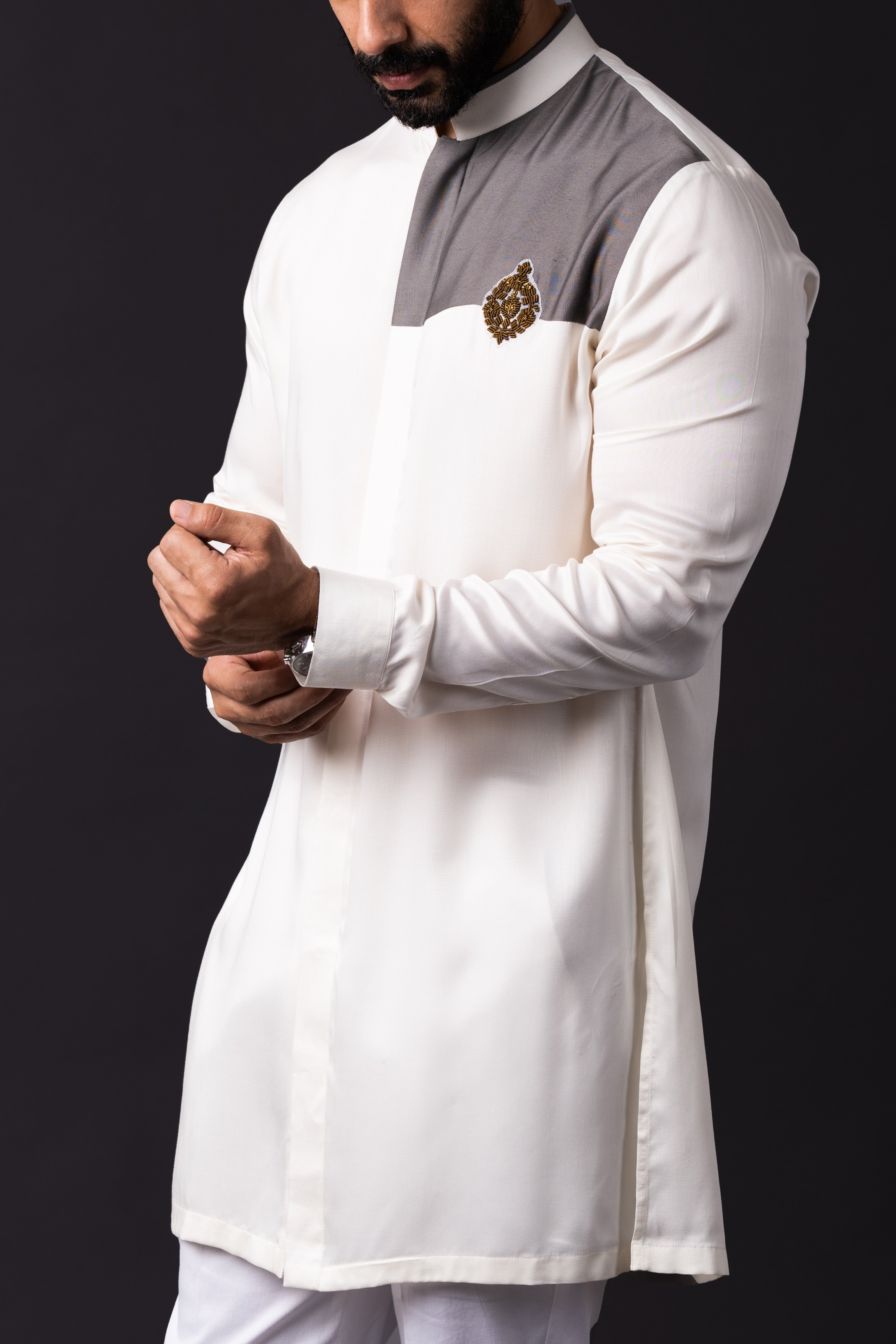 Ivory Grey Embellished Shirt Kurta