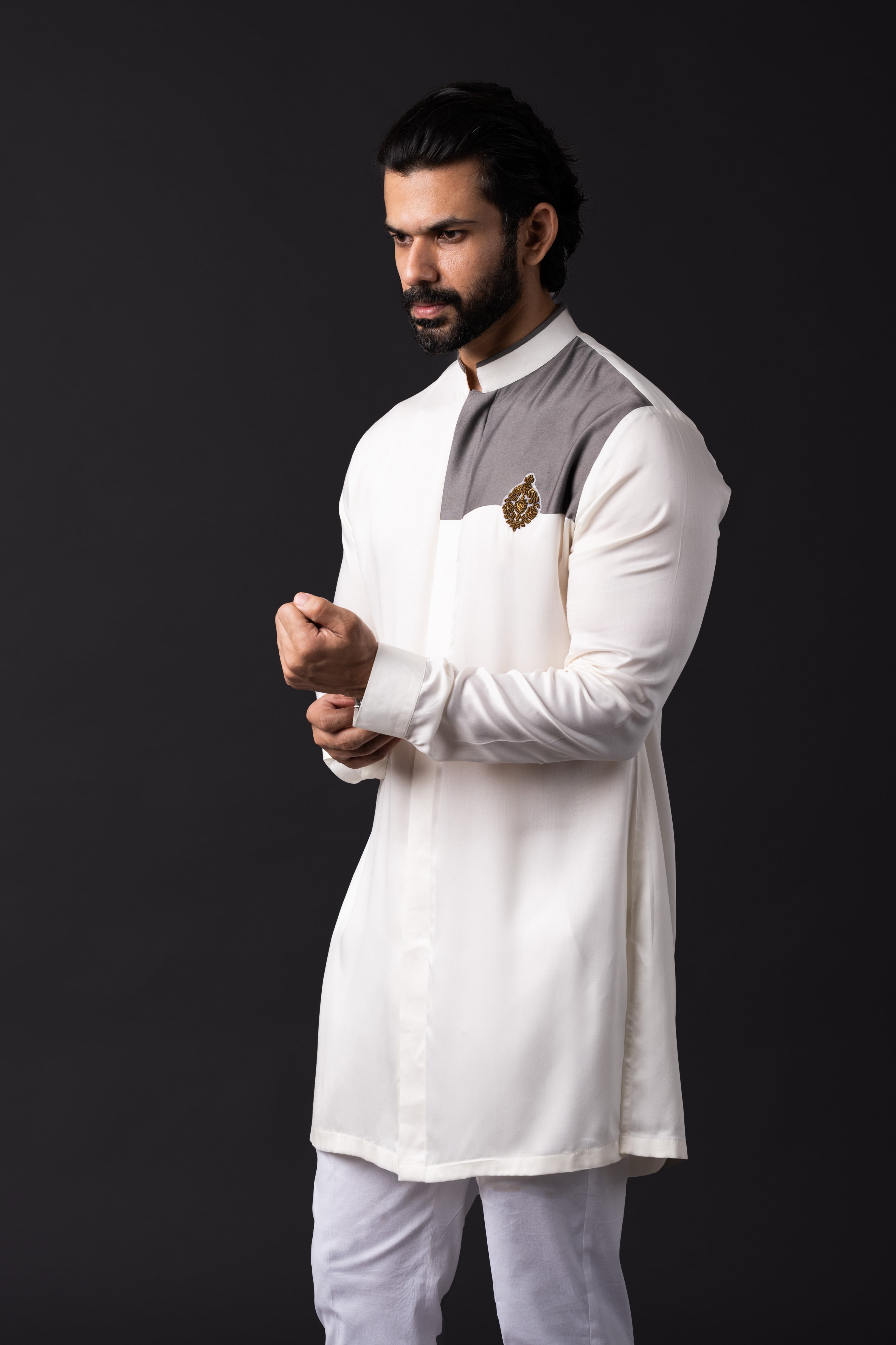 Ivory Grey Embellished Shirt Kurta