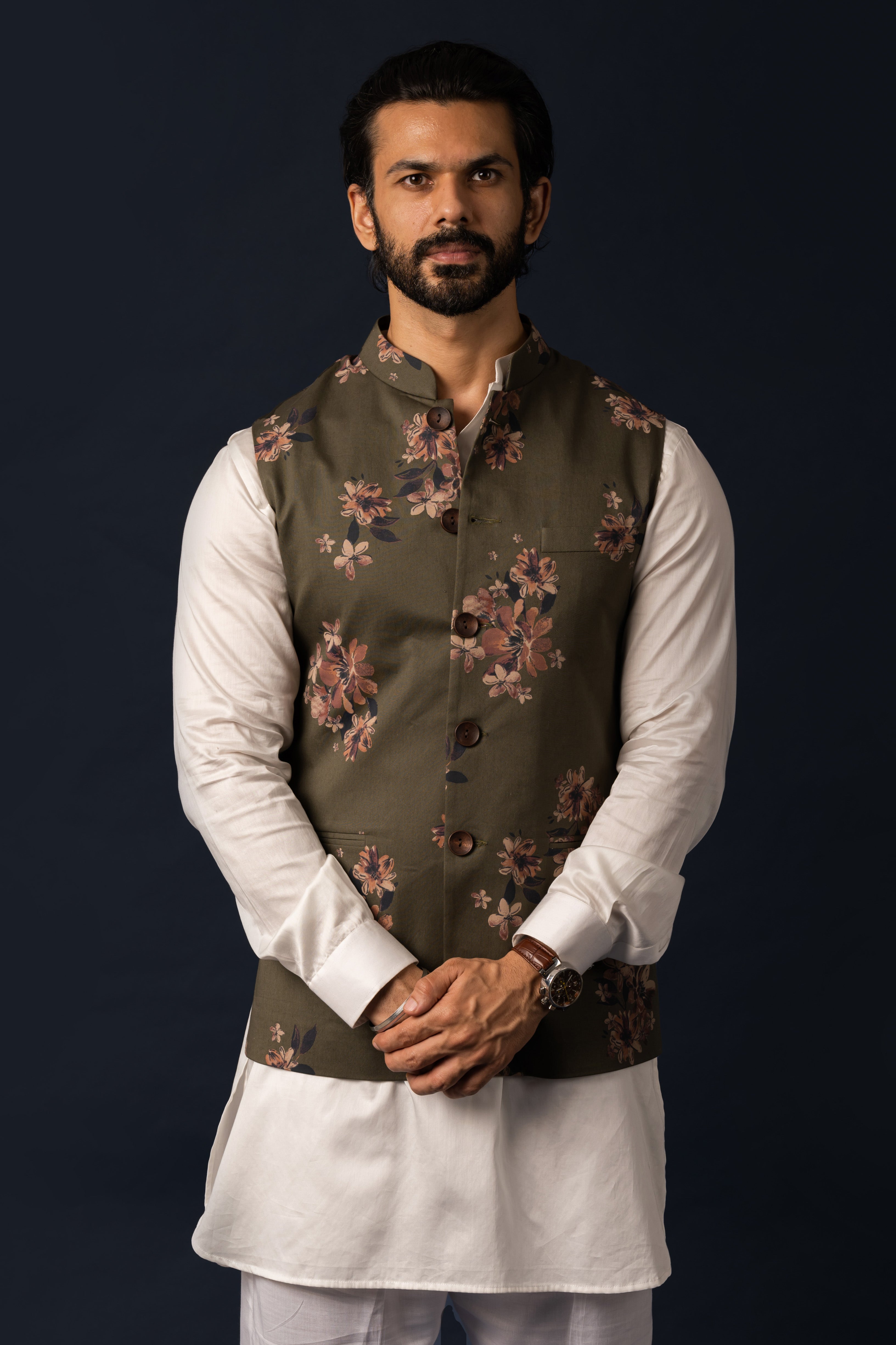 Mehendi Green Floral Print Nehru Jacket