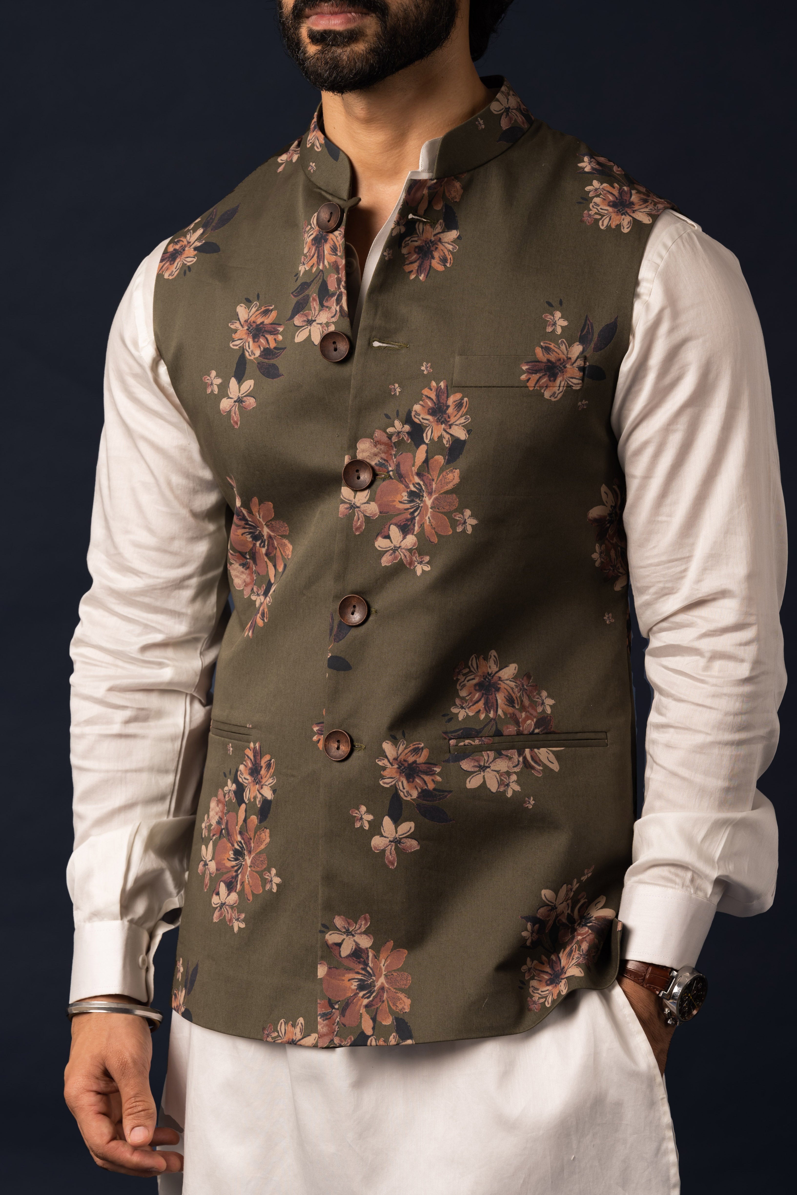 Mehendi Green Floral Print Nehru Jacket