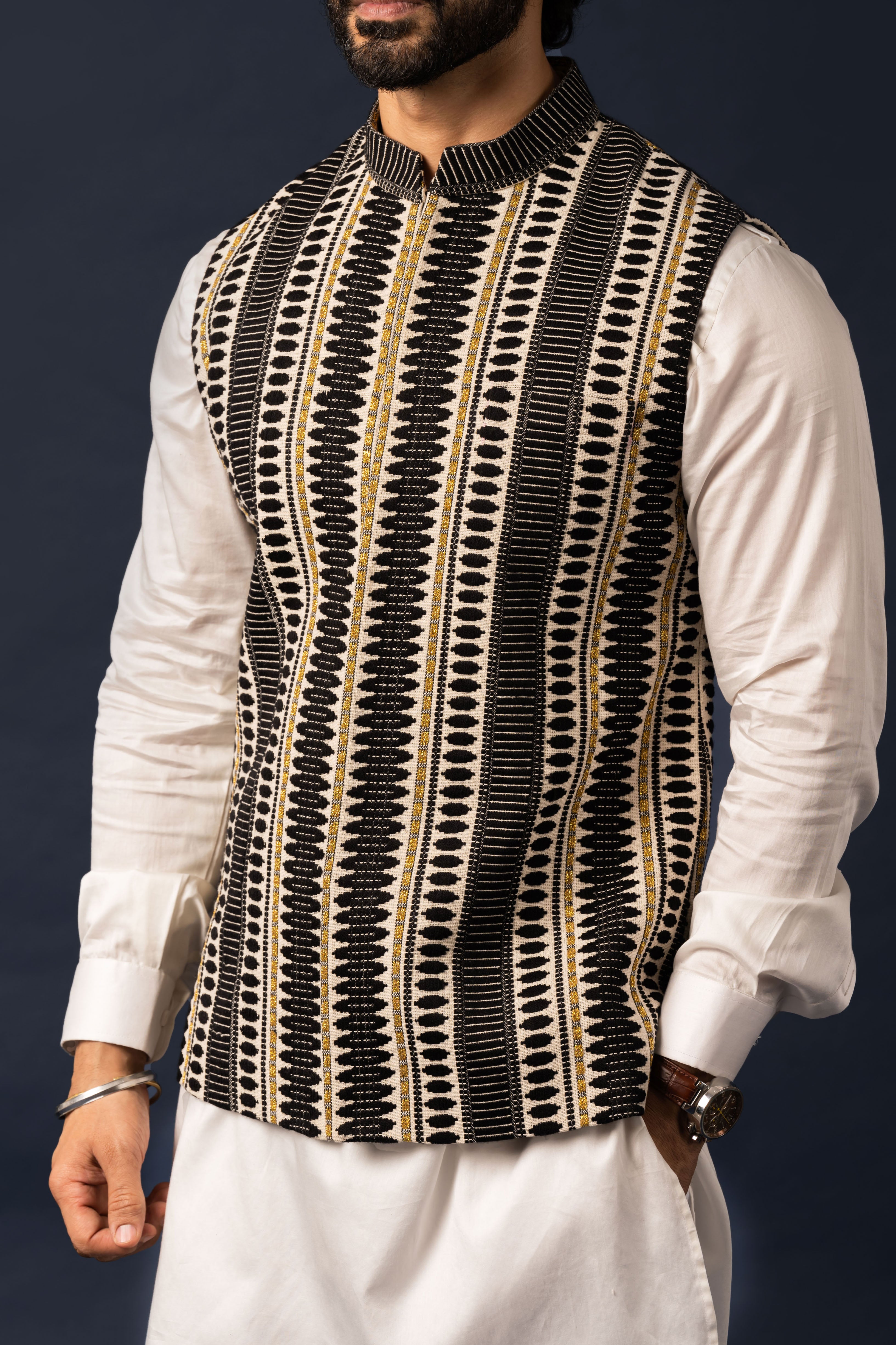 Jaquard Handloom Concealed Nehru Jacket