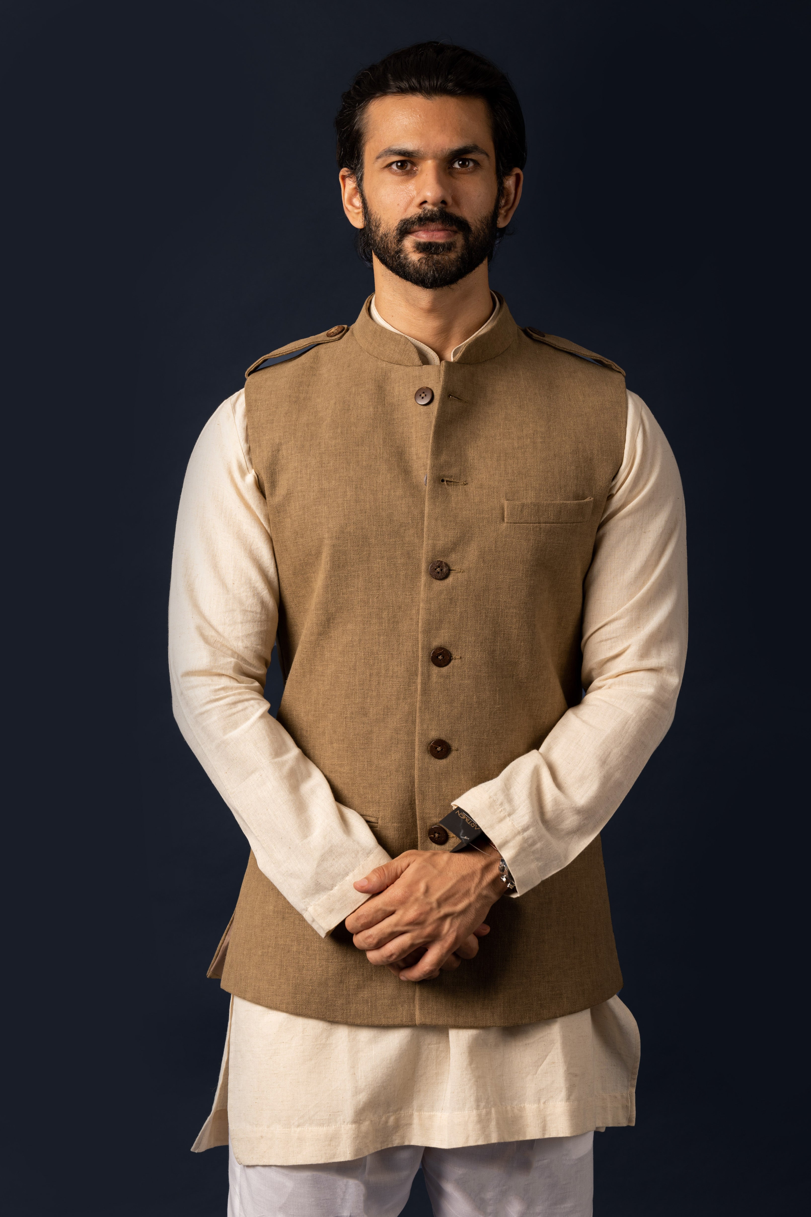 Beige Shoulder Flap Nehru Jacket