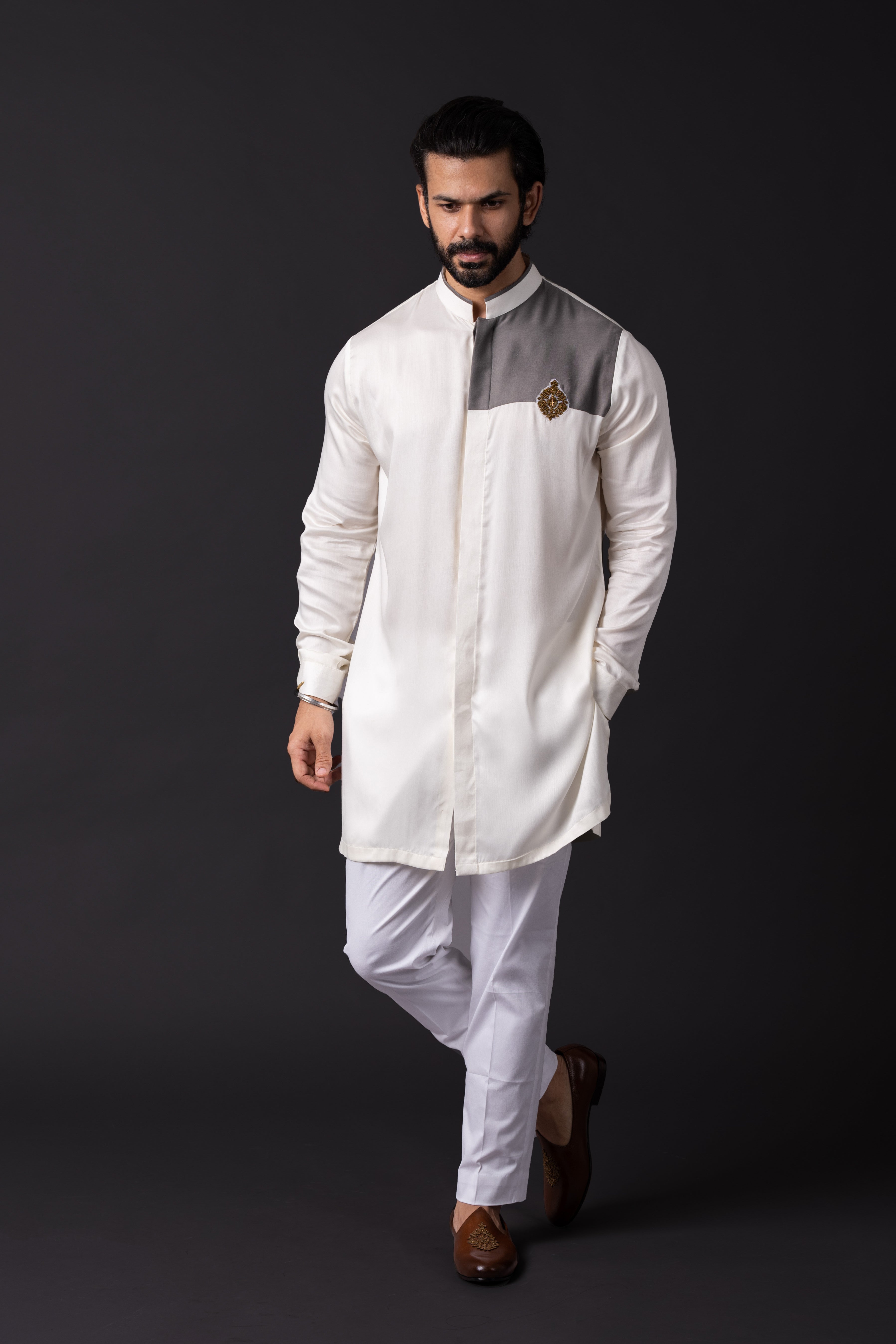 Ivory Grey Embellished Shirt Kurta