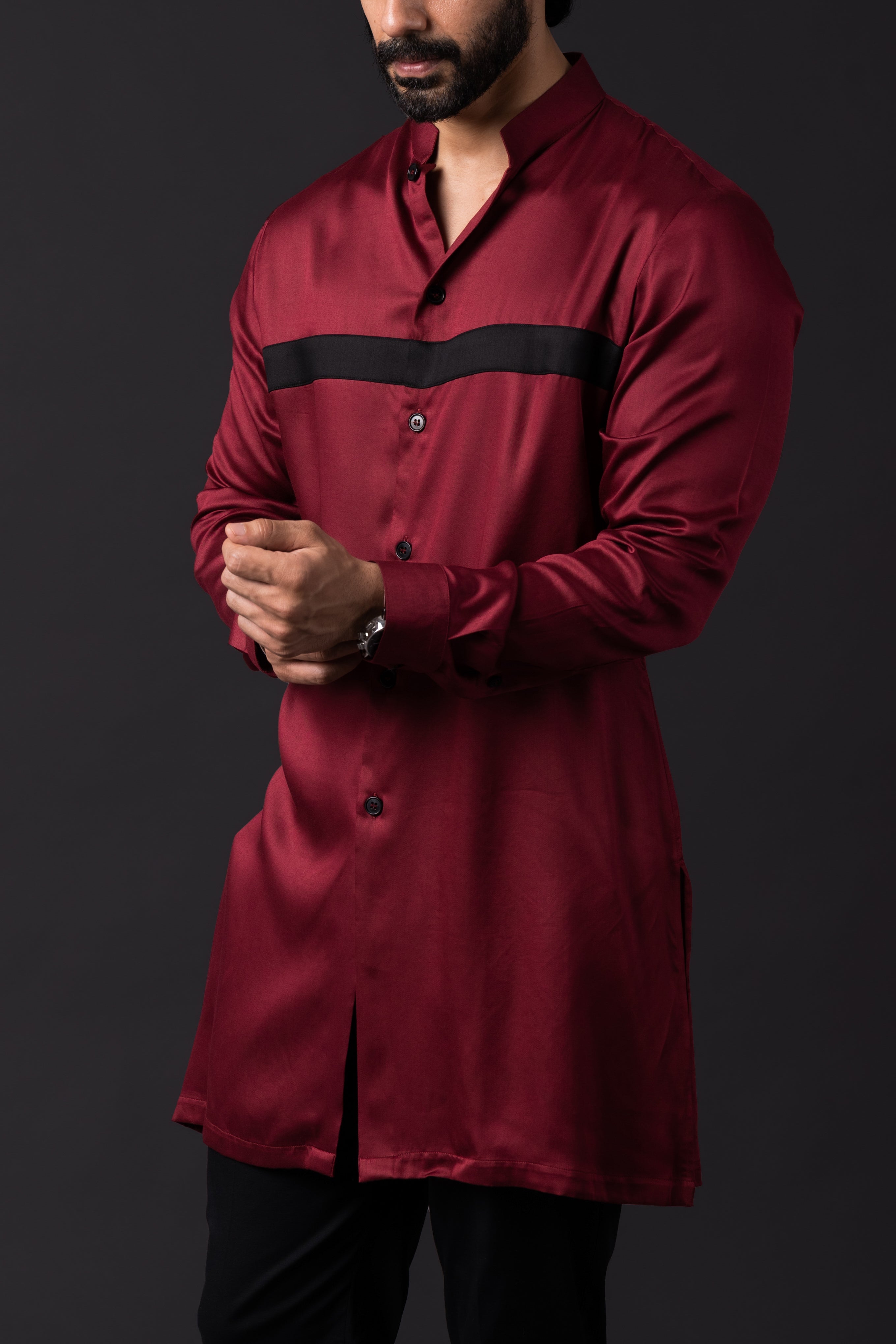 Maroon Black Strip Shirt Kurta