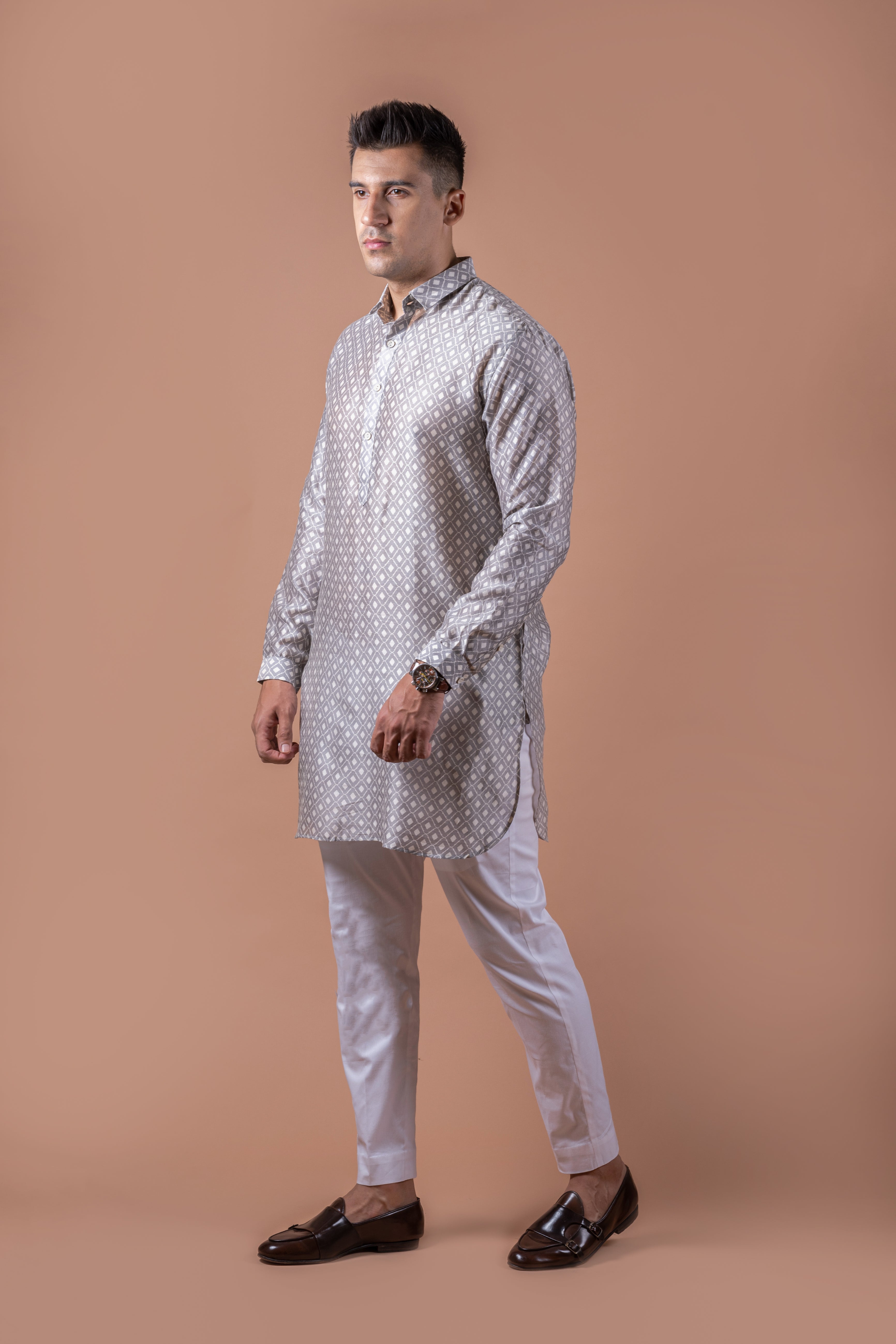 Grey White Self Chanderi Kurta