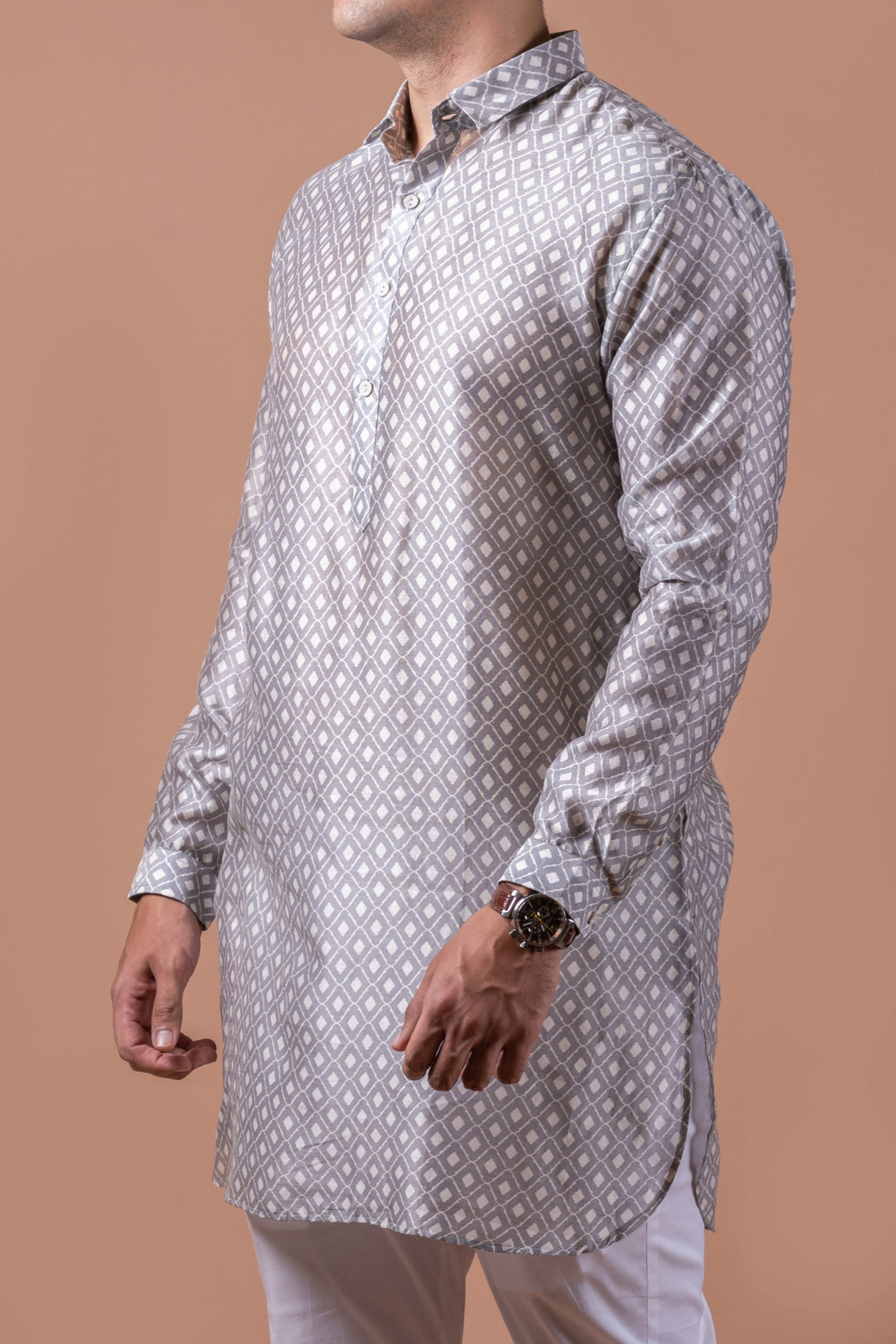 Grey White Self Chanderi Kurta