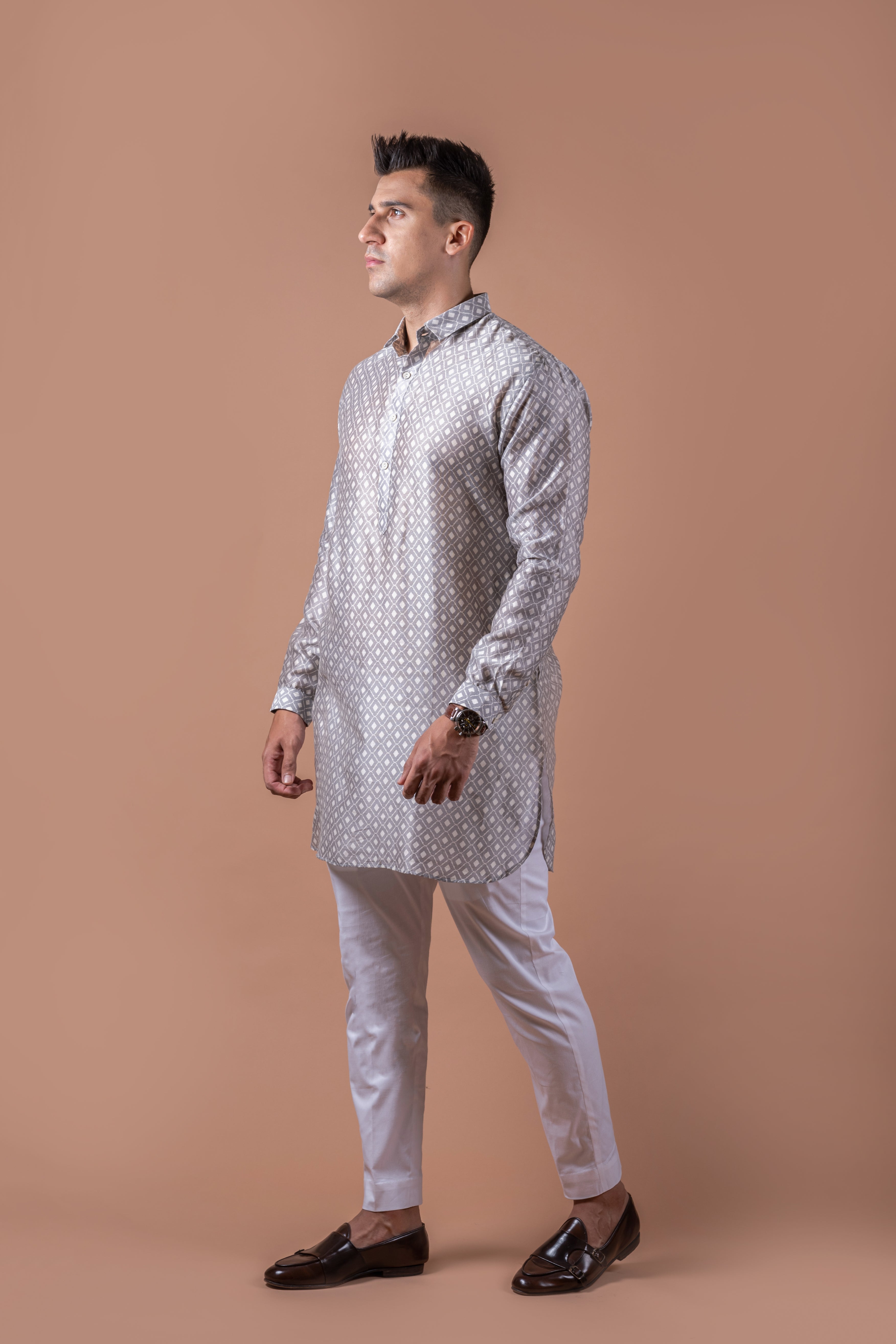 Grey White Self Chanderi Kurta
