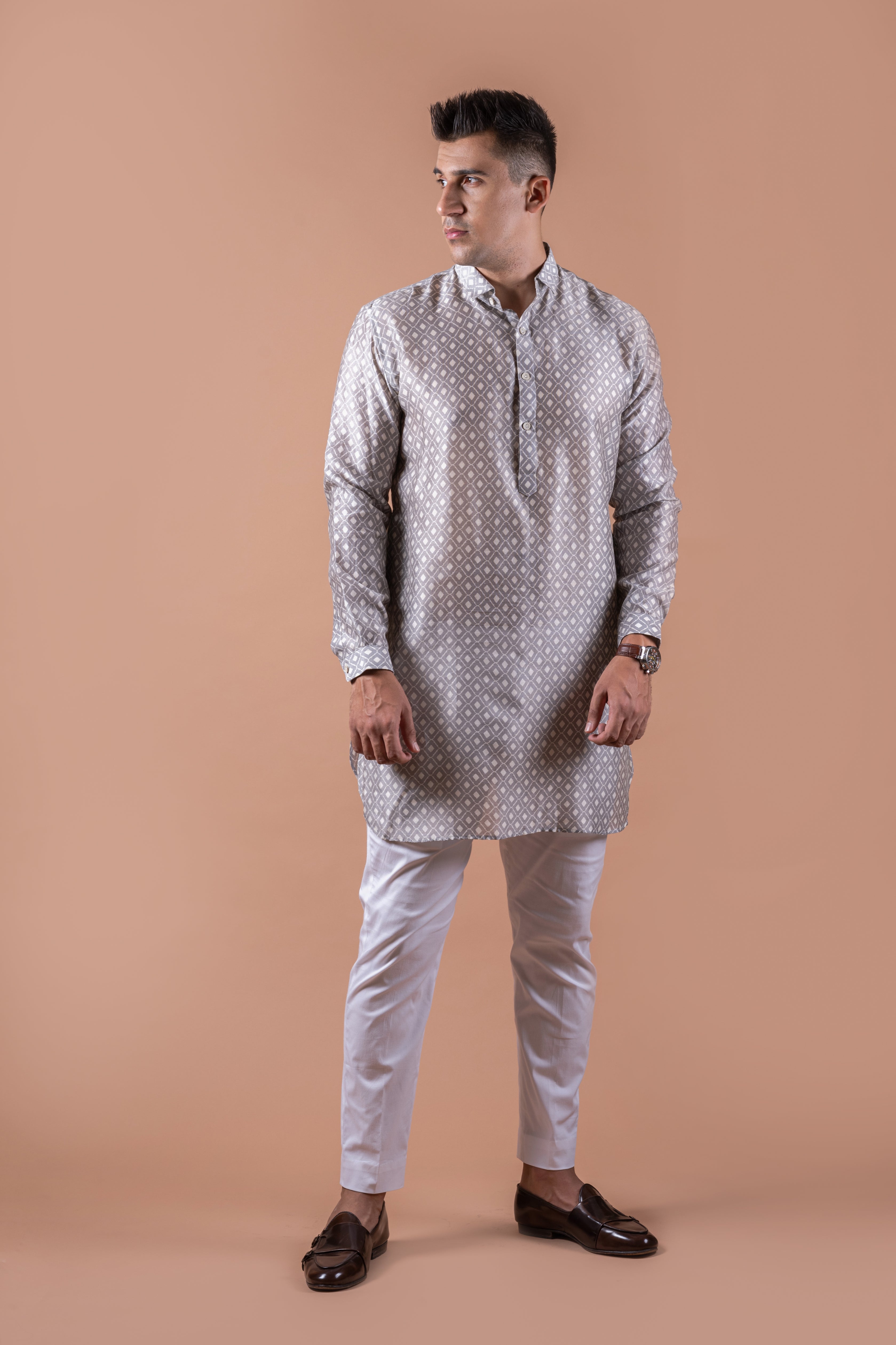 Grey White Self Chanderi Kurta