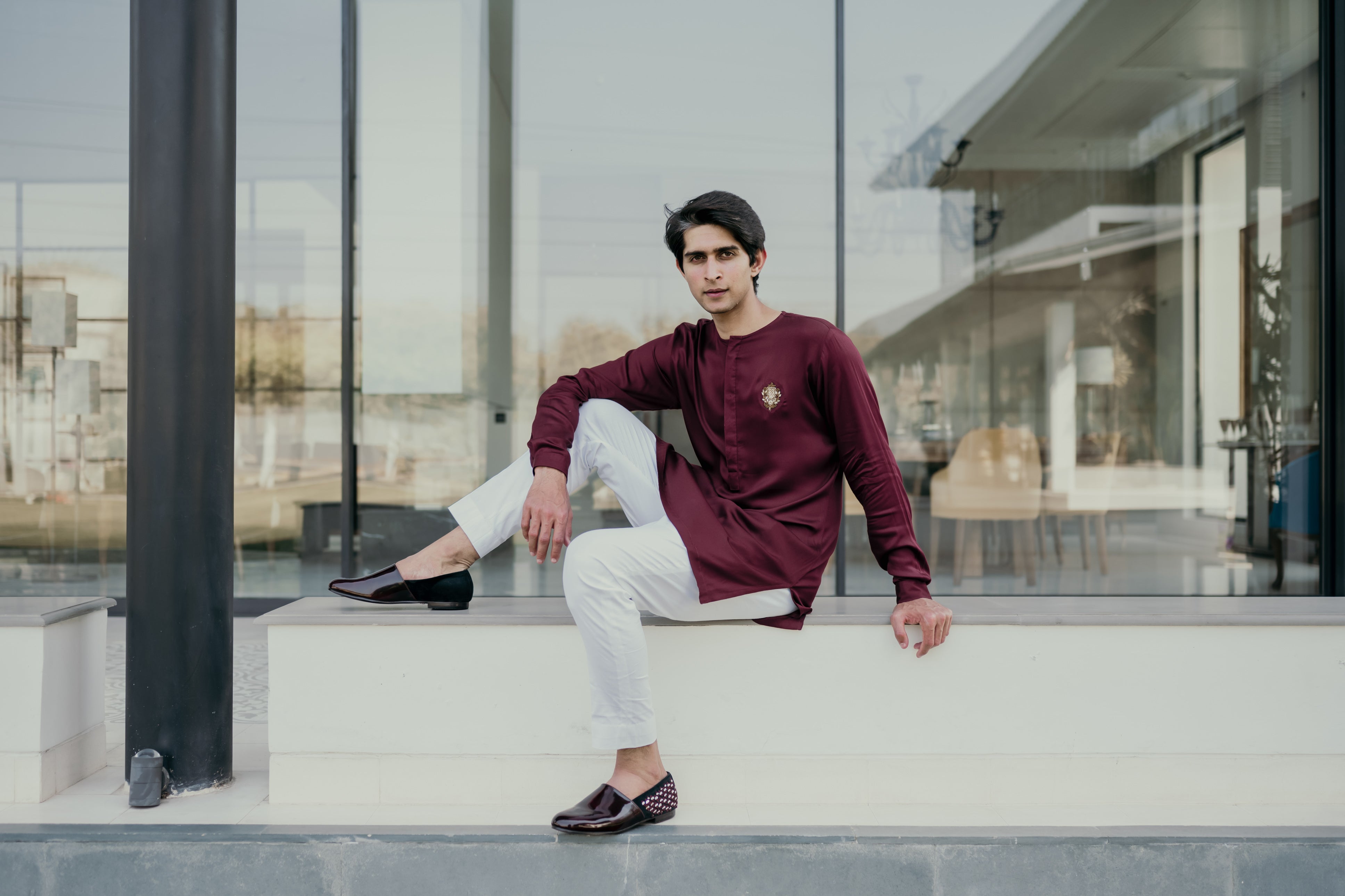 Maroon Round silk embroidery kurta