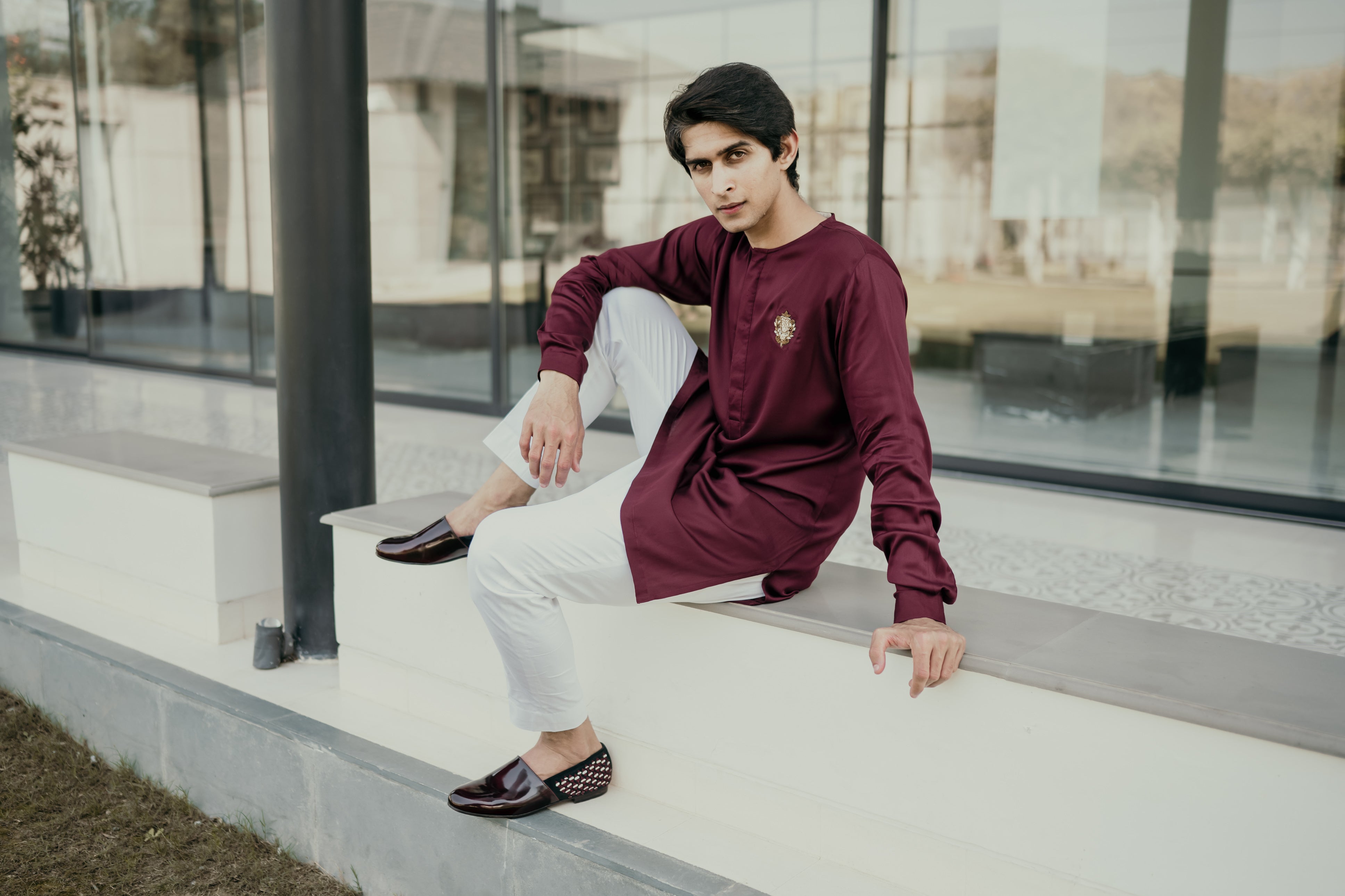 Maroon Round silk embroidery kurta