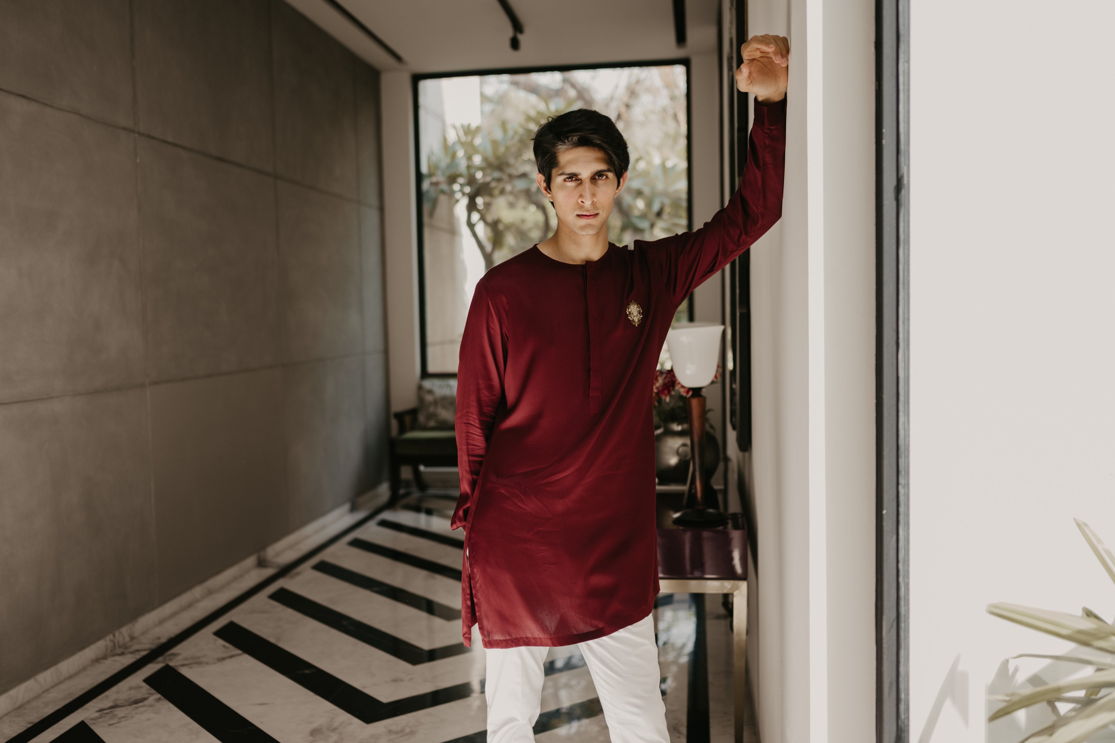 Maroon Round silk embroidery kurta