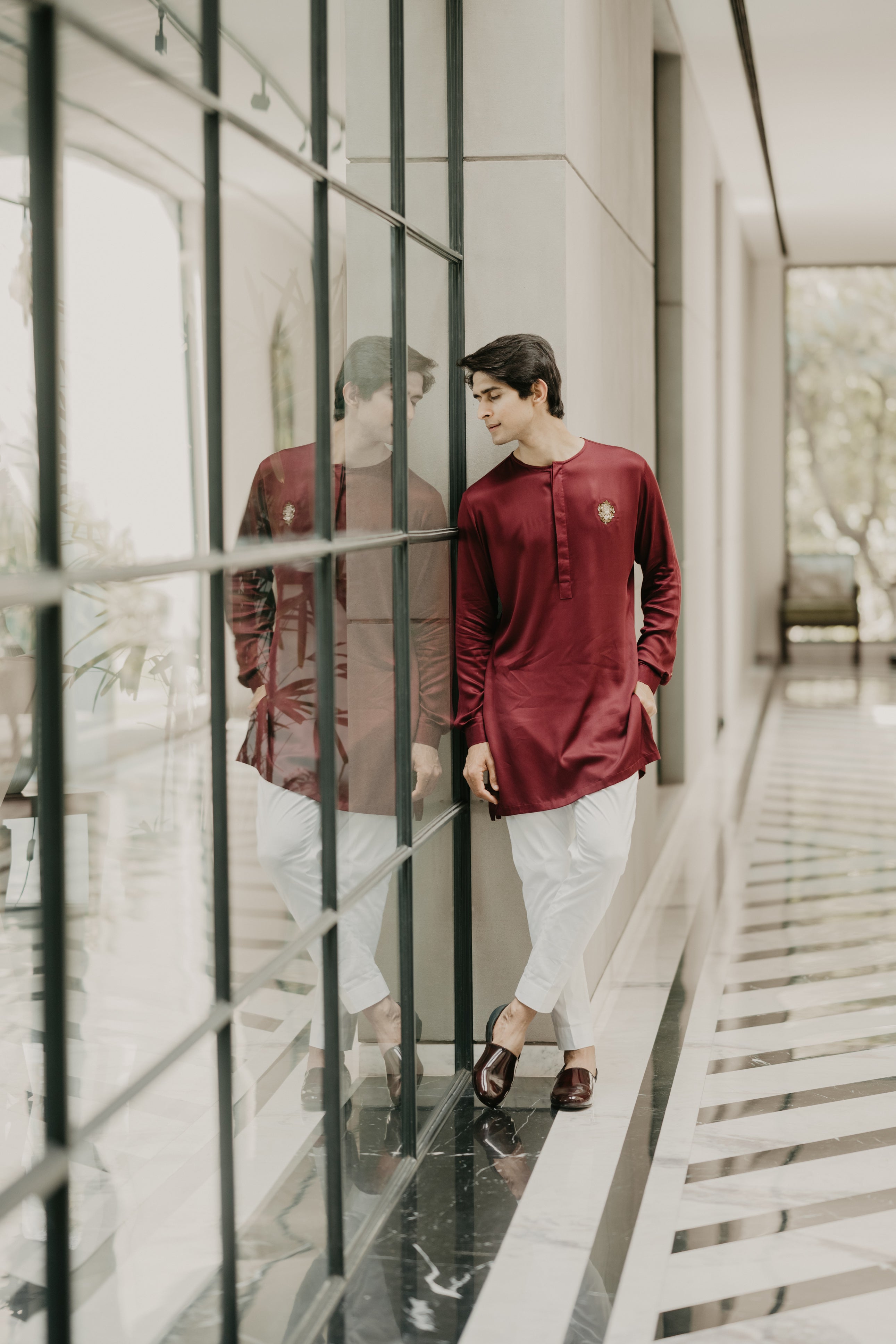 Maroon Round silk embroidery kurta