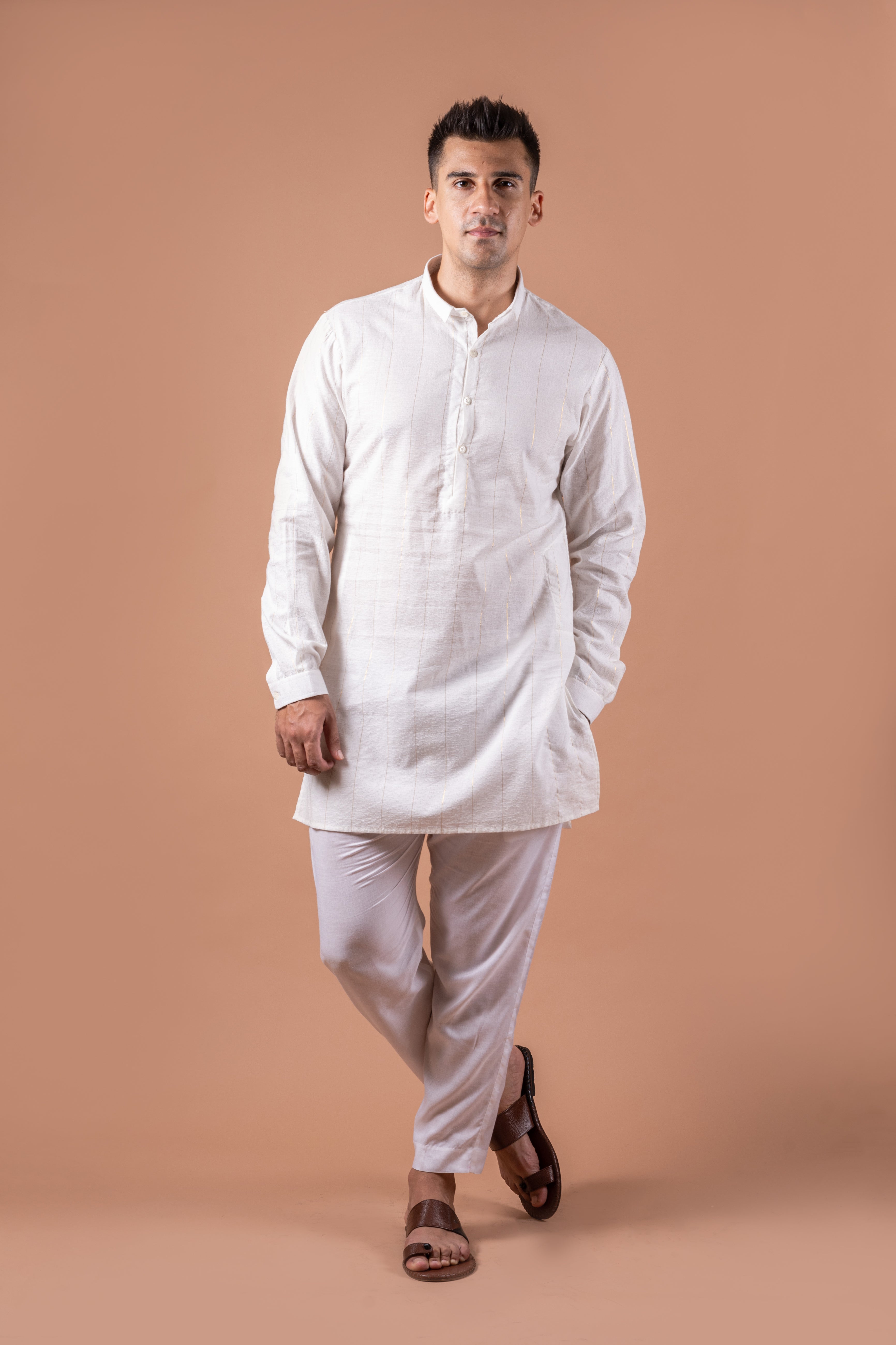 Golden Stripes on  white jaquard Kurta