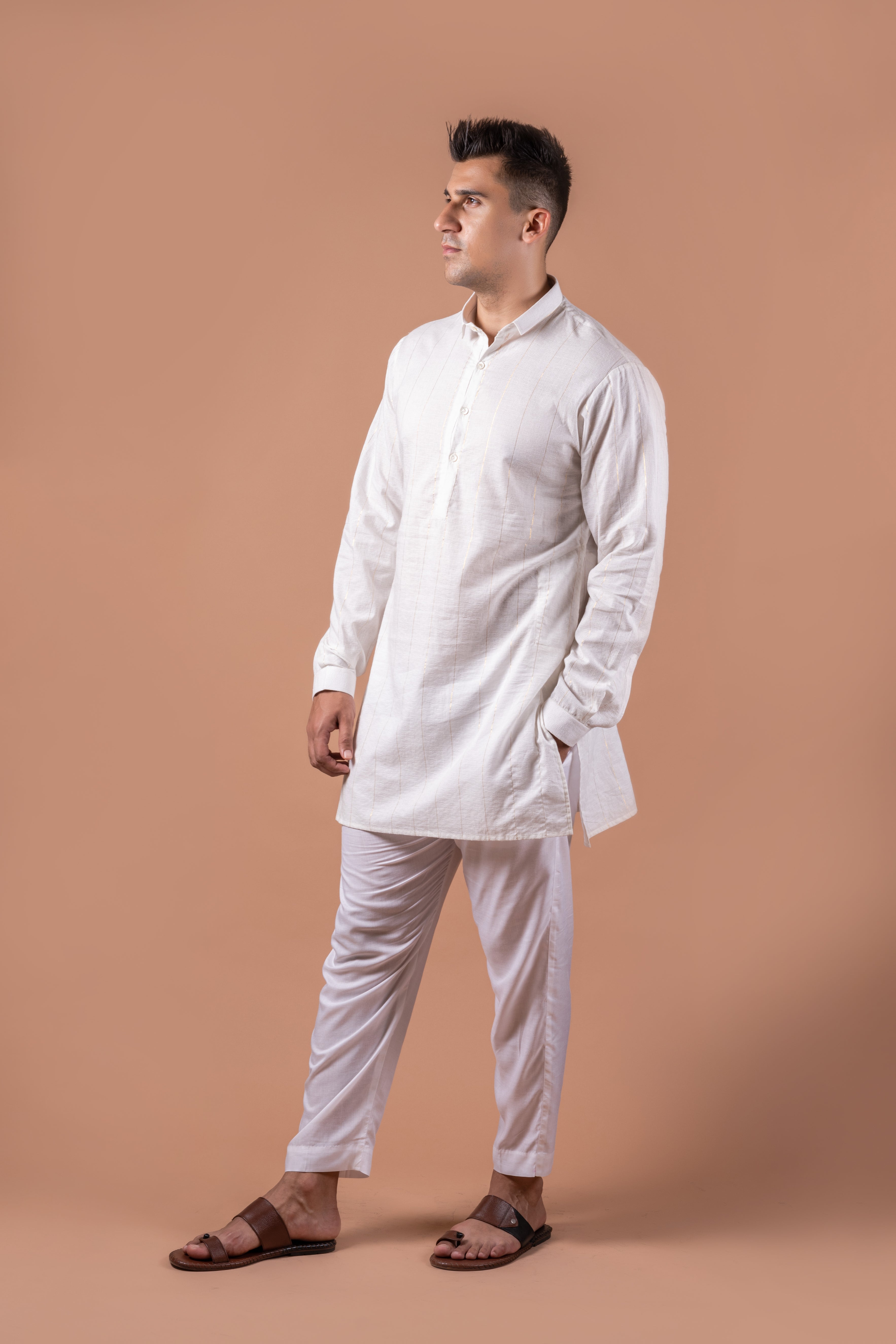 Golden Stripes on white jaquard Kurta