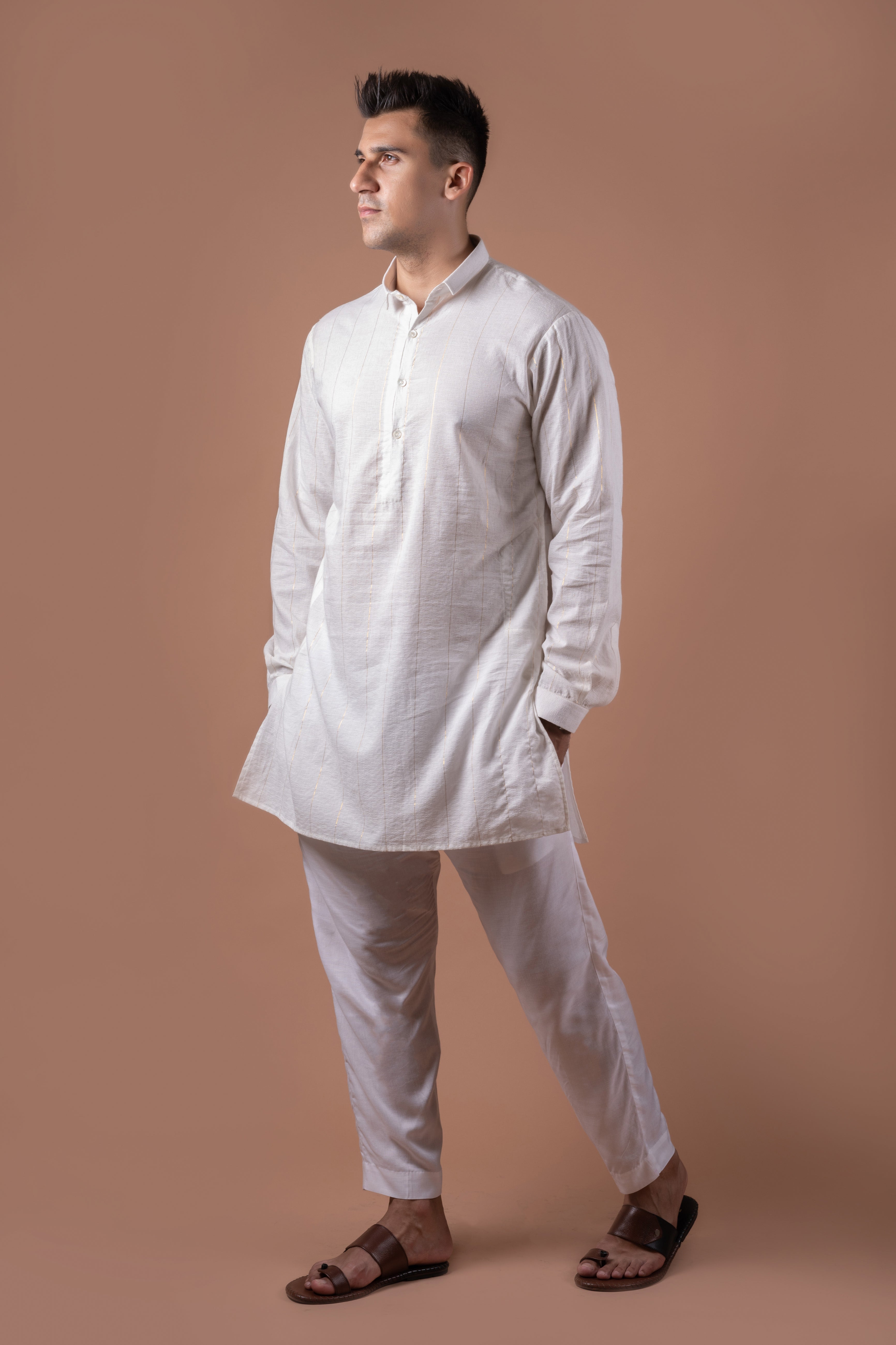 Golden Stripes on  white jaquard Kurta