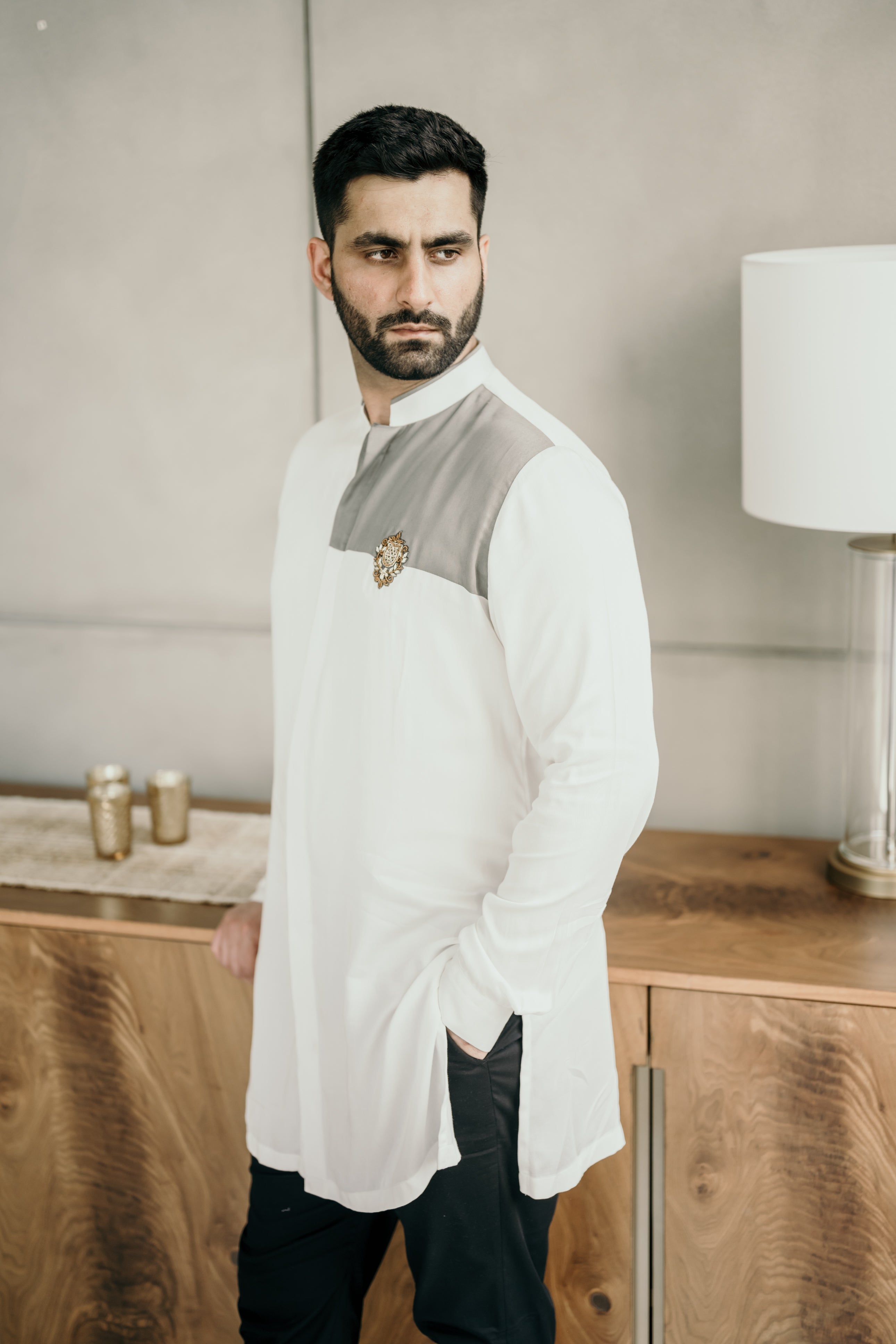 Ivory Grey Embellished Shirt Kurta
