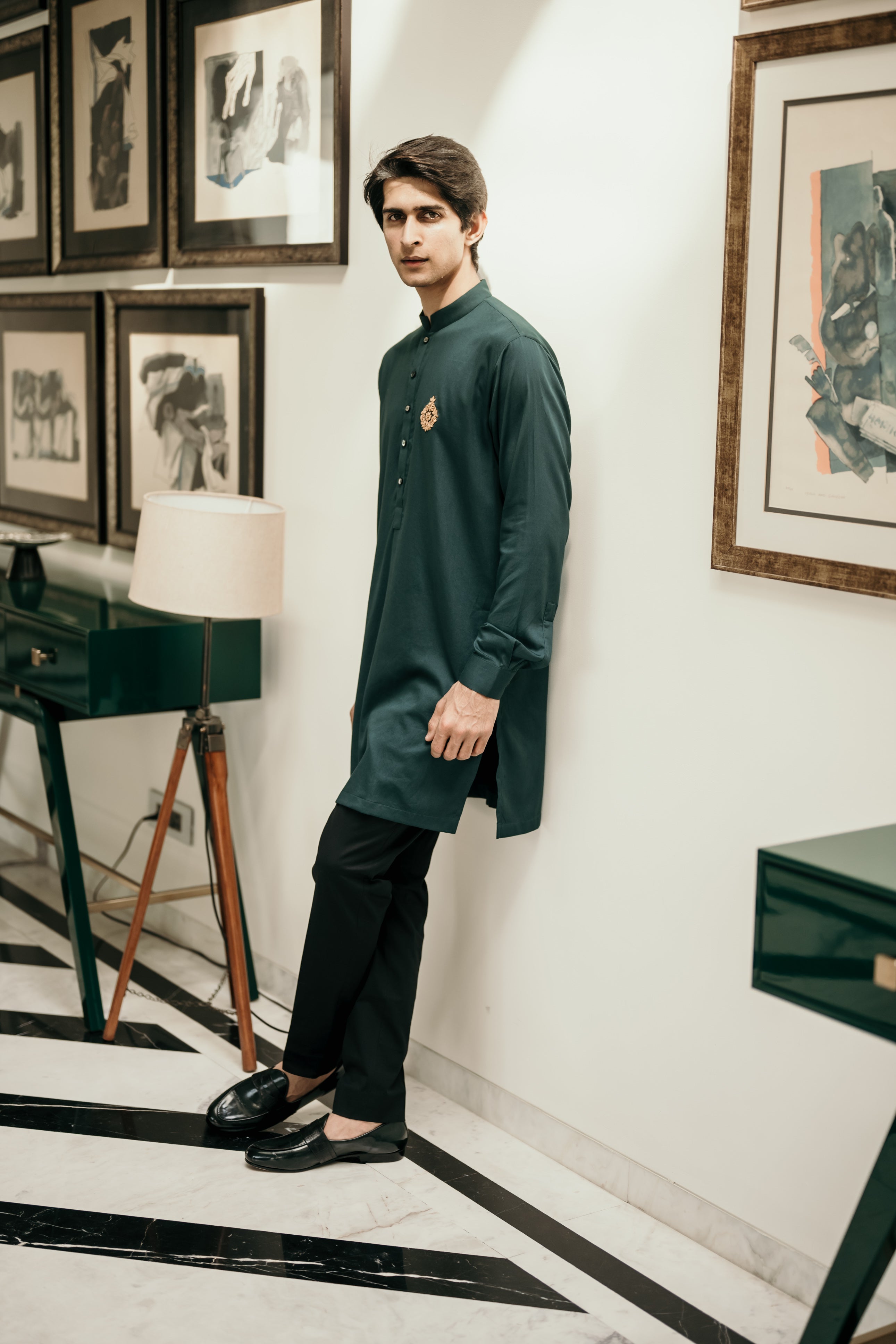 Bottle Green Embellished Short Kurta