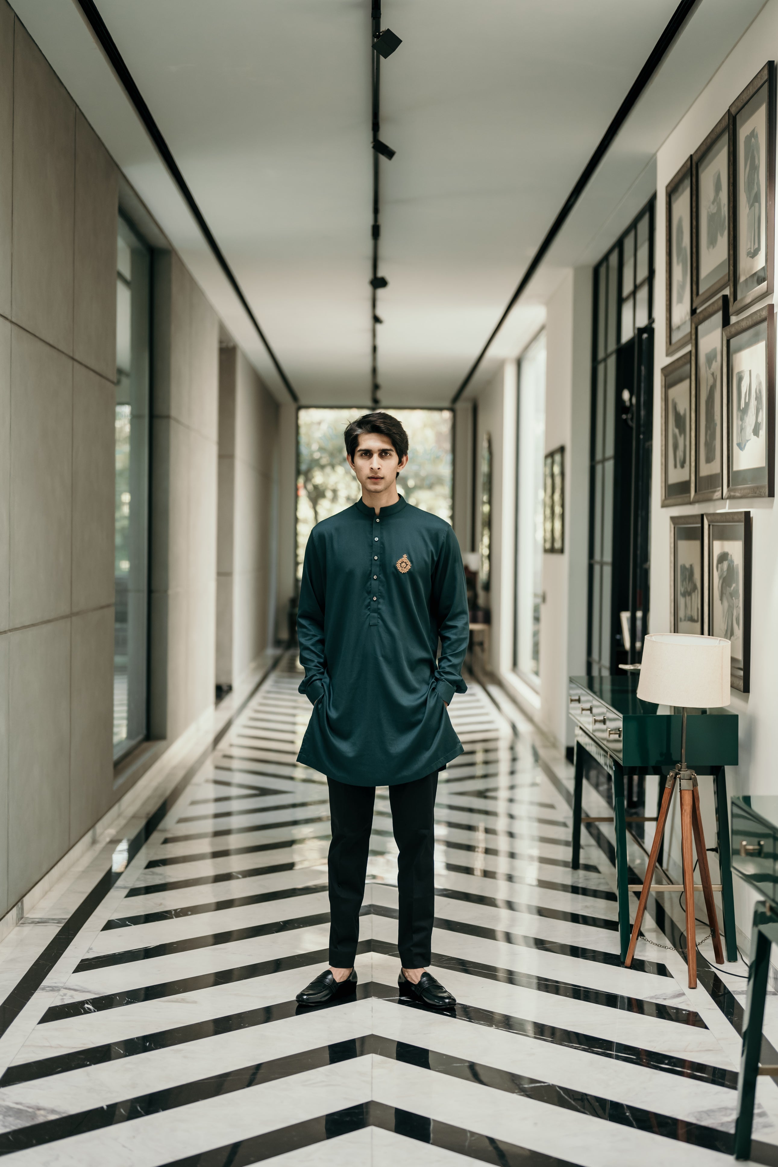 Bottle Green Embellished Short Kurta