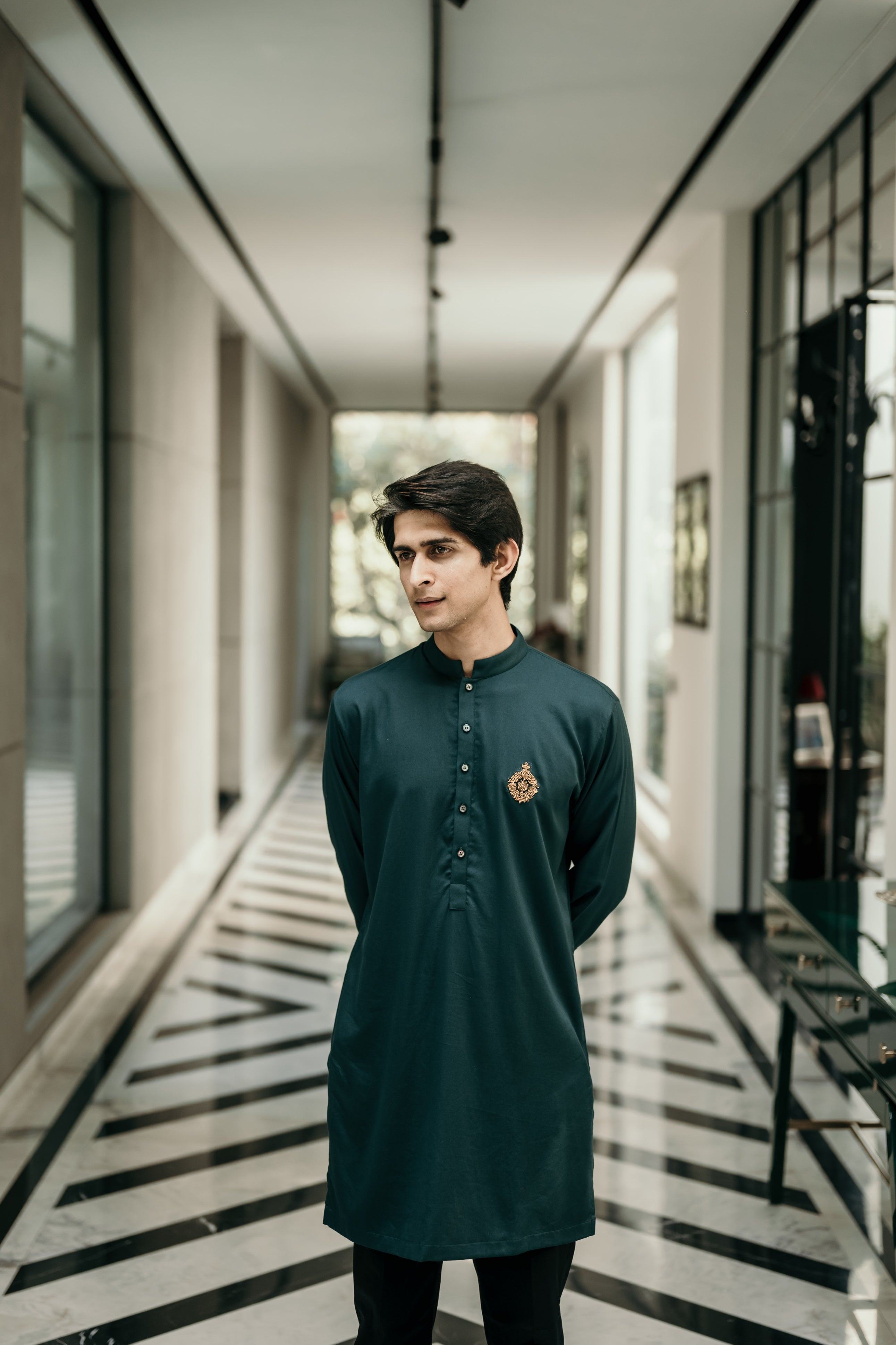Bottle Green Embellished Short Kurta