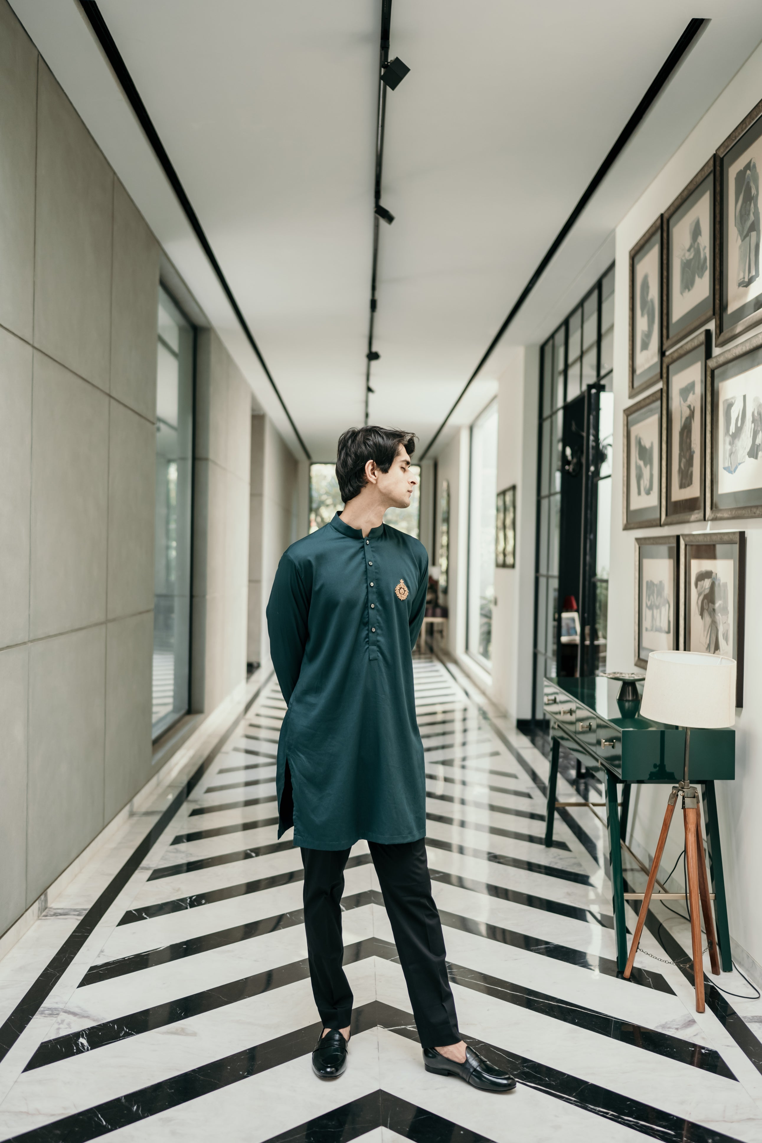 Bottle Green Embellished Short Kurta