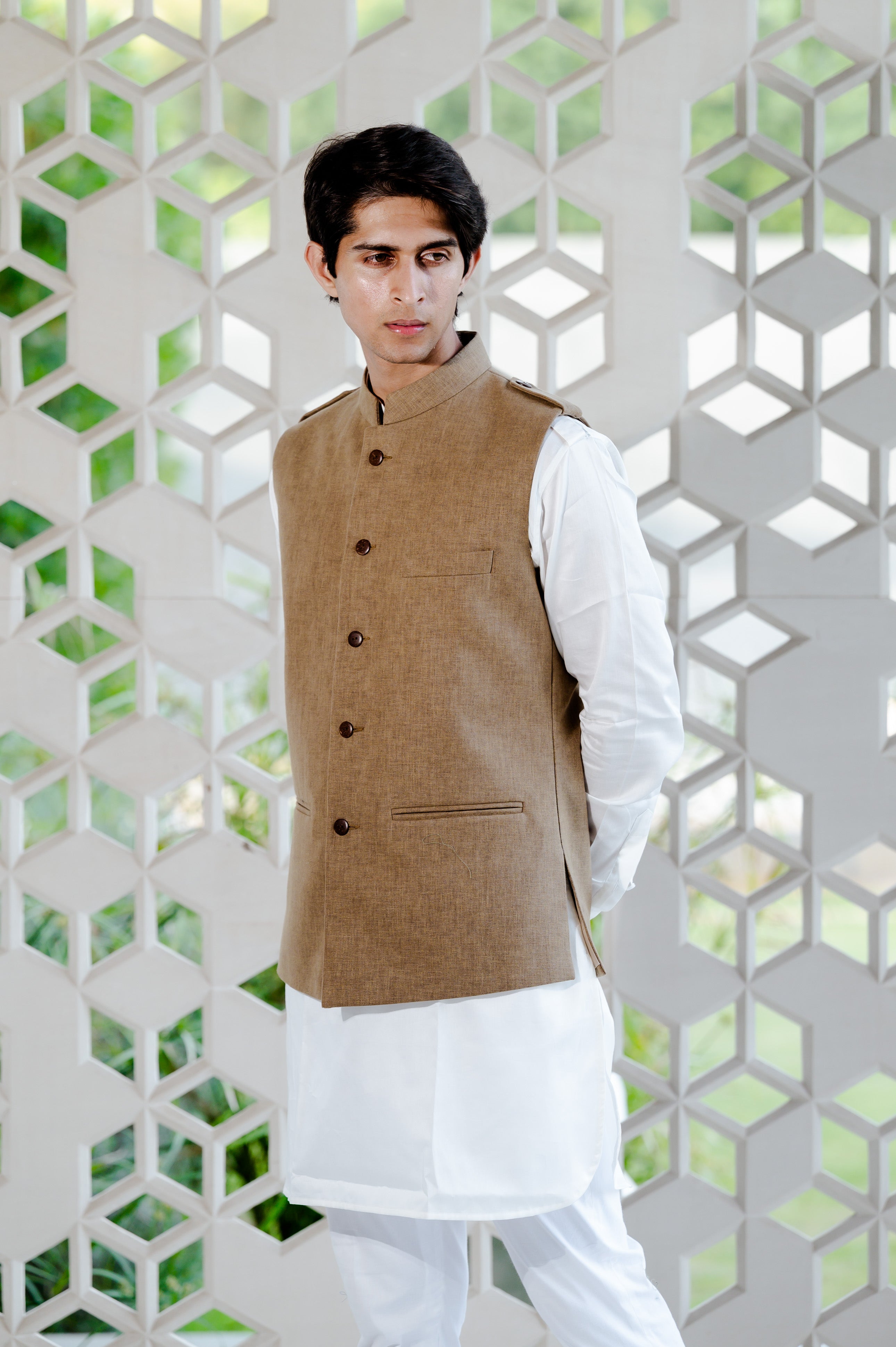 Beige Shoulder Flap Nehru Jacket