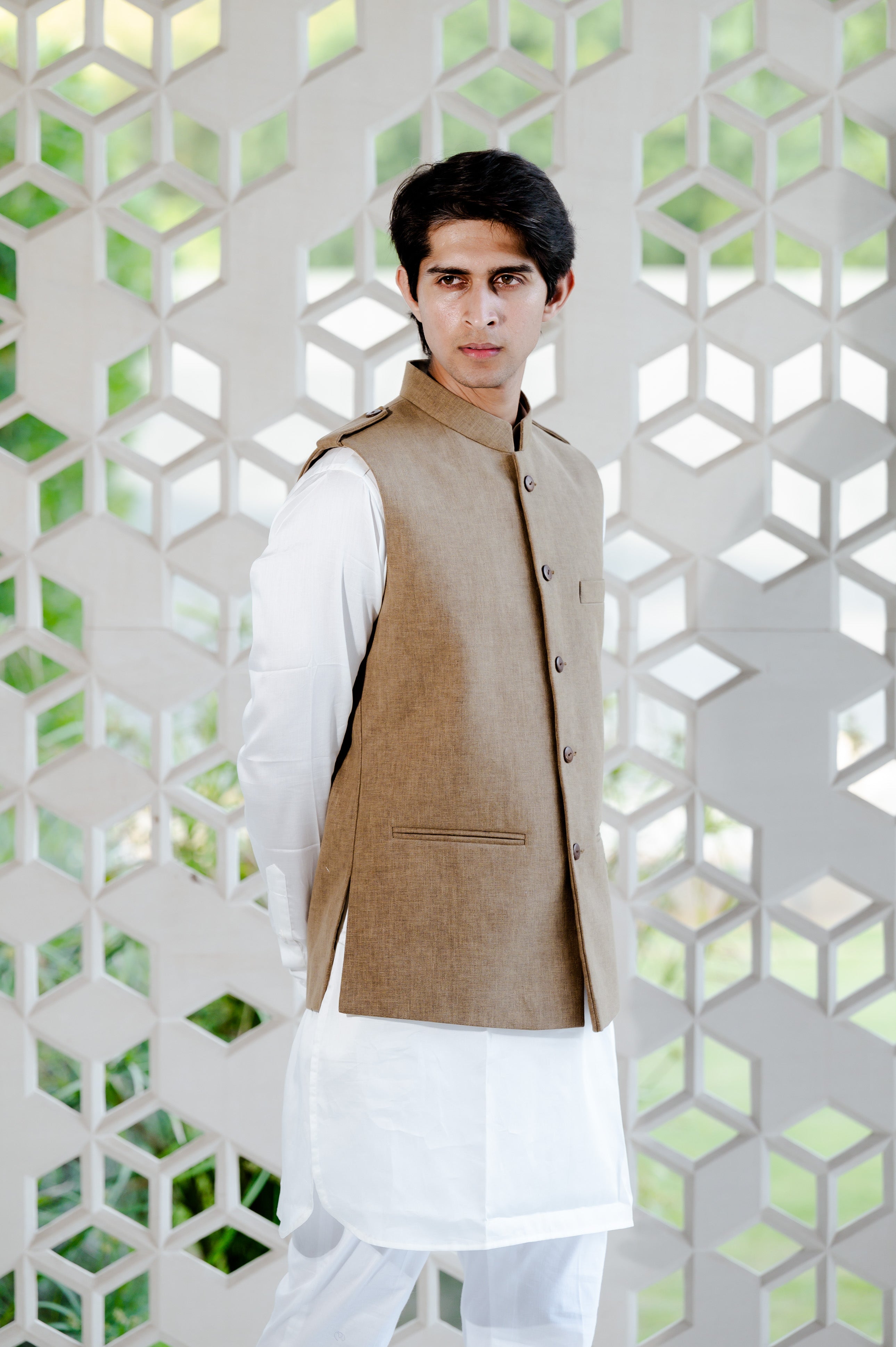 Beige Shoulder Flap Nehru Jacket