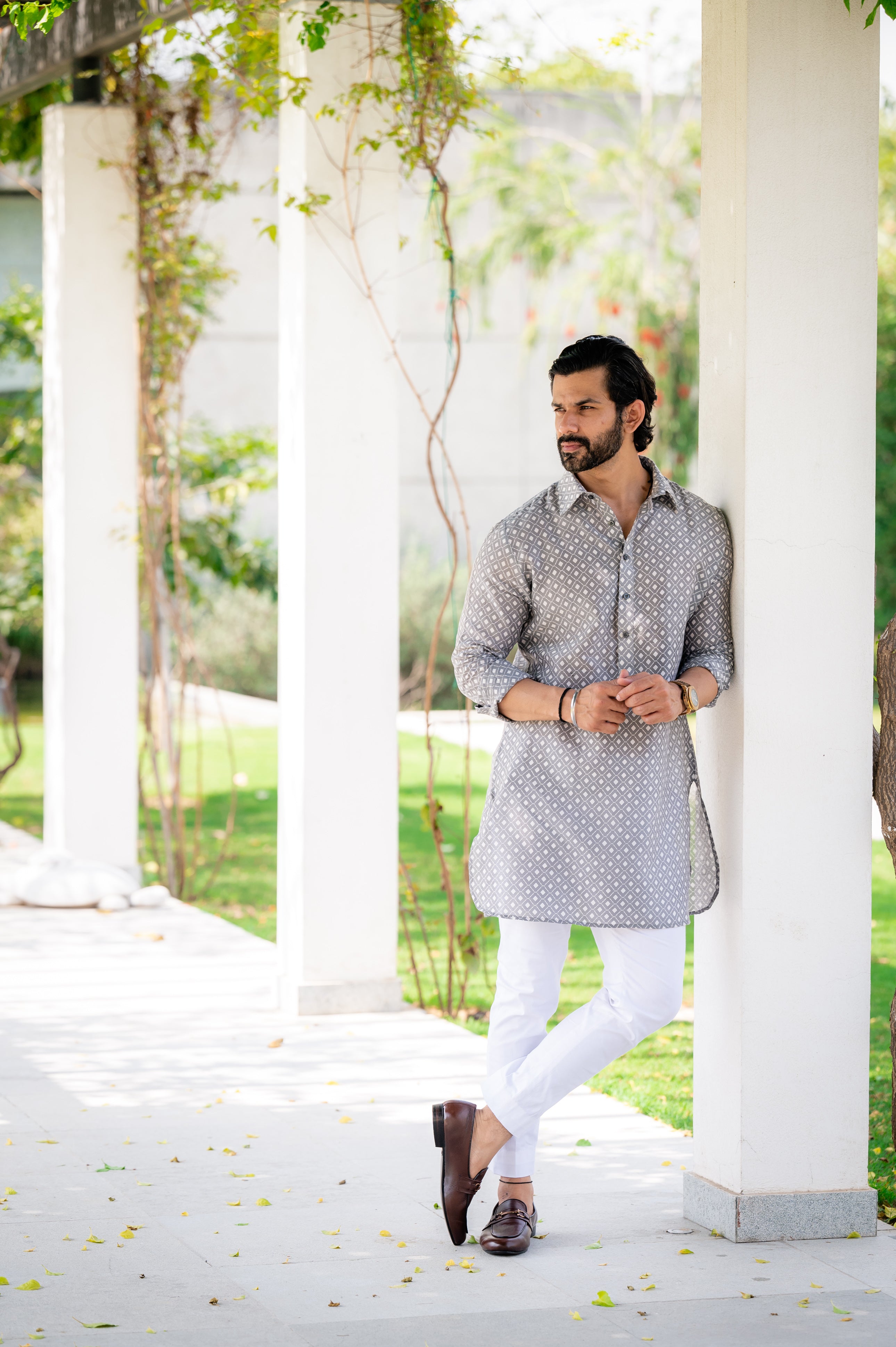 Grey White Self Chanderi Kurta