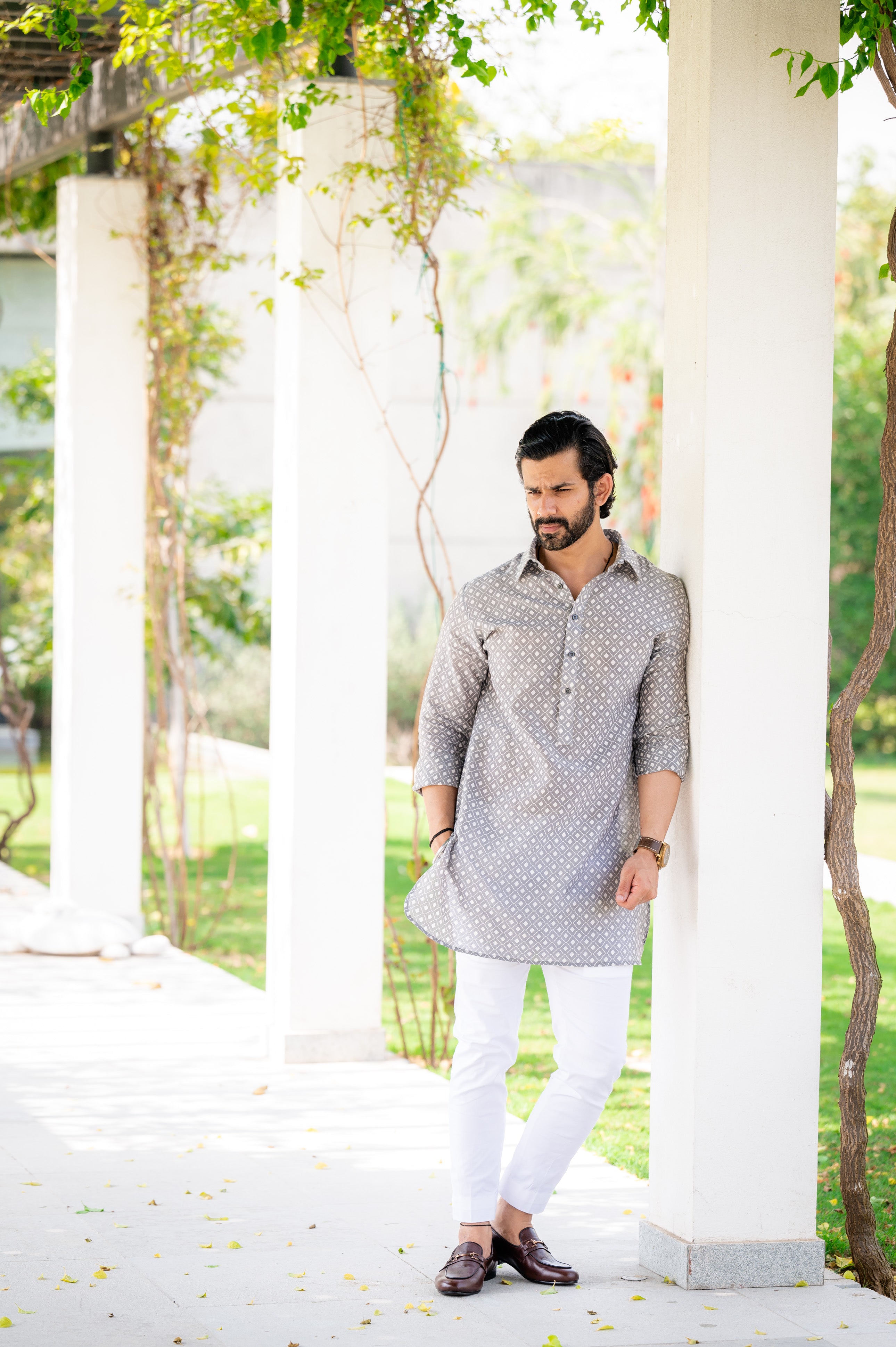 Grey White Self Chanderi Kurta