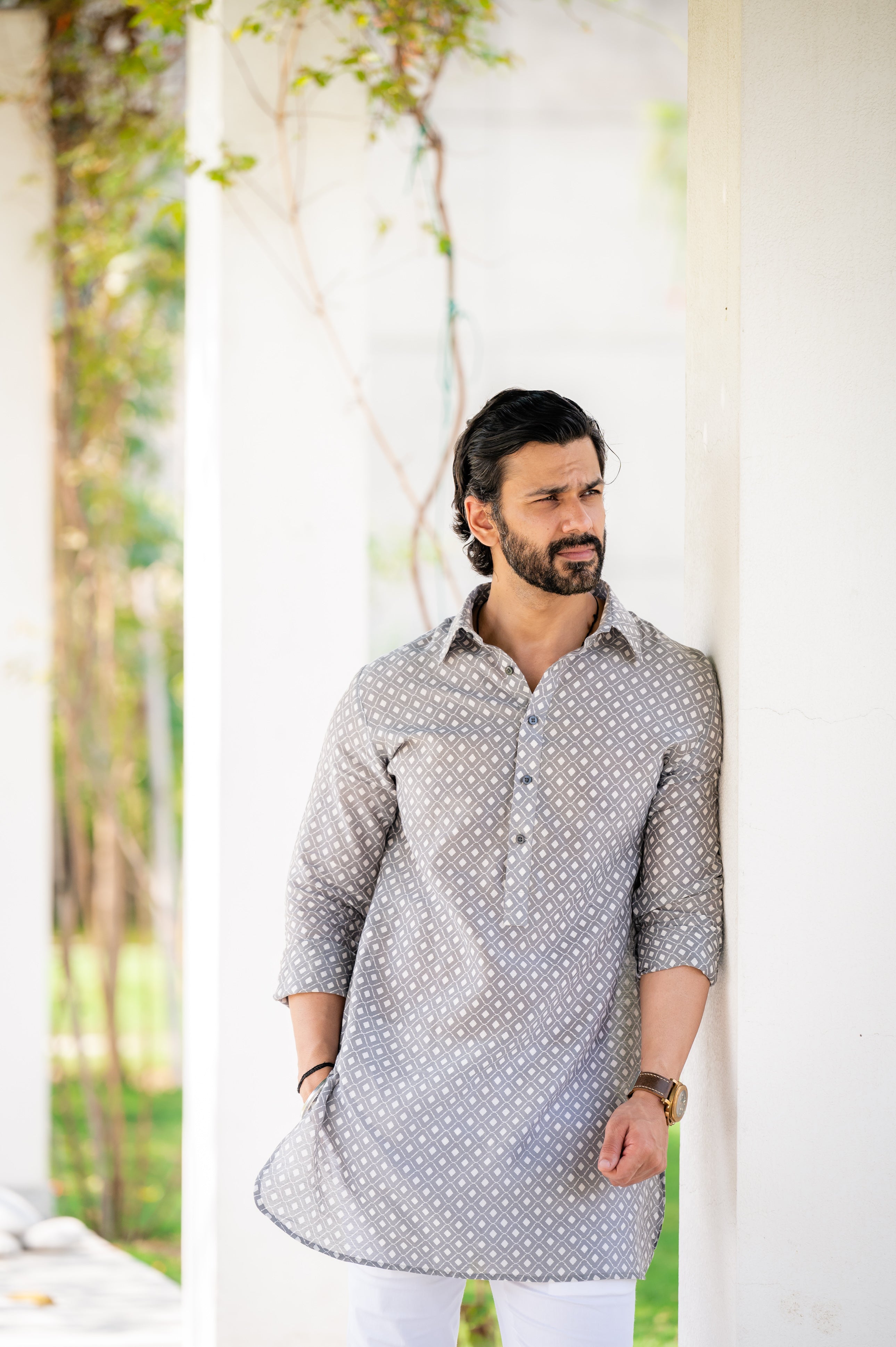 Grey White Self Chanderi Kurta