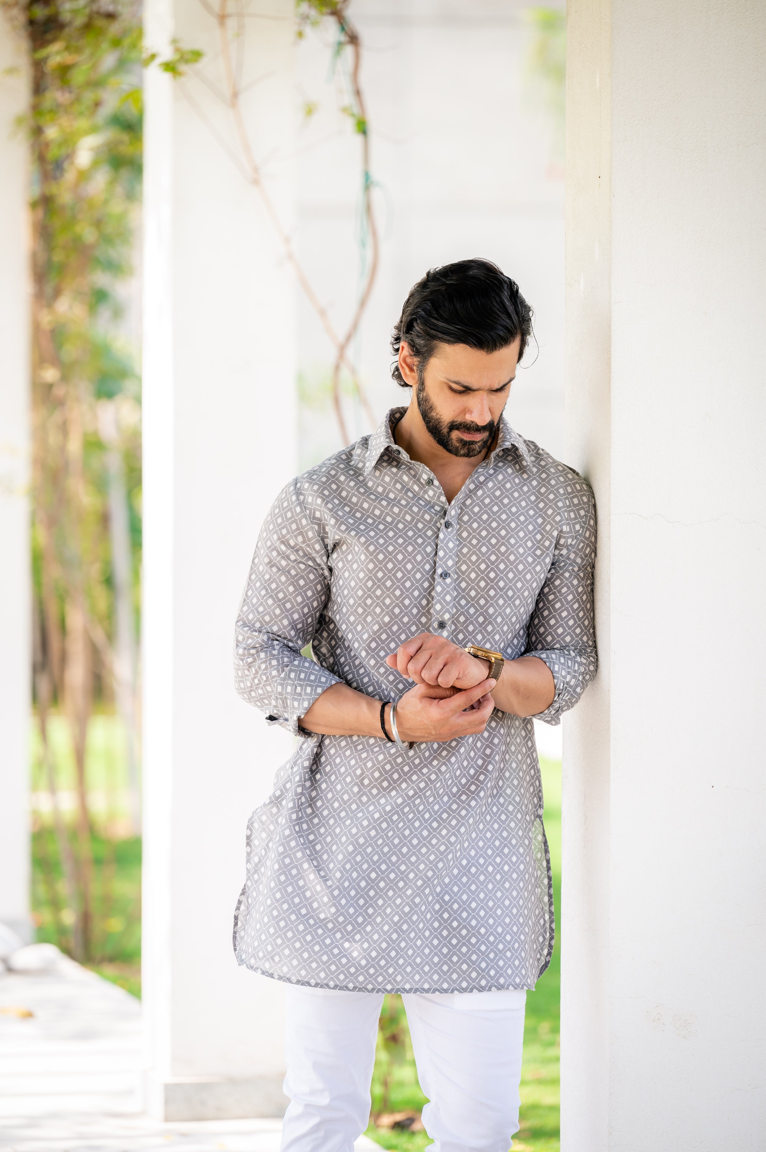 Grey White Self Chanderi Kurta