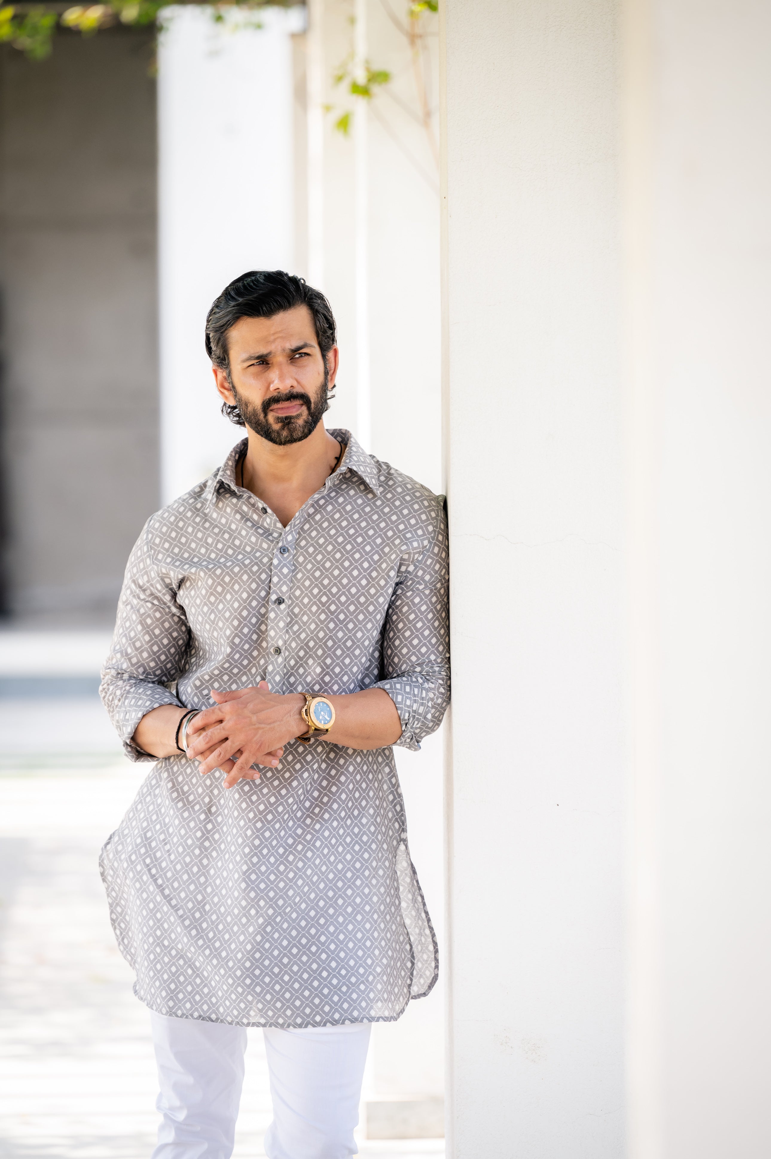 Grey White Self Chanderi Kurta