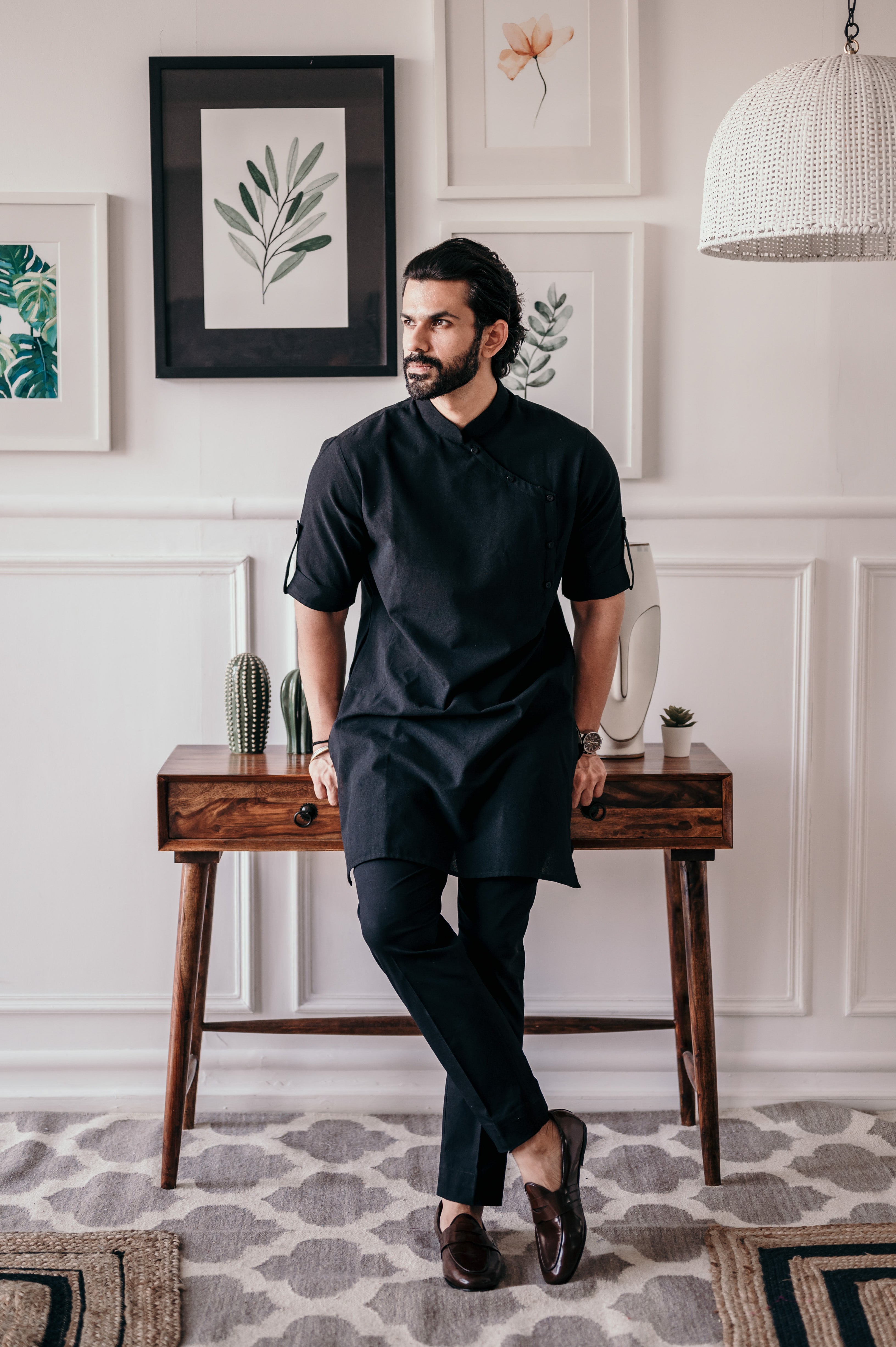 Black Side Button Kurta