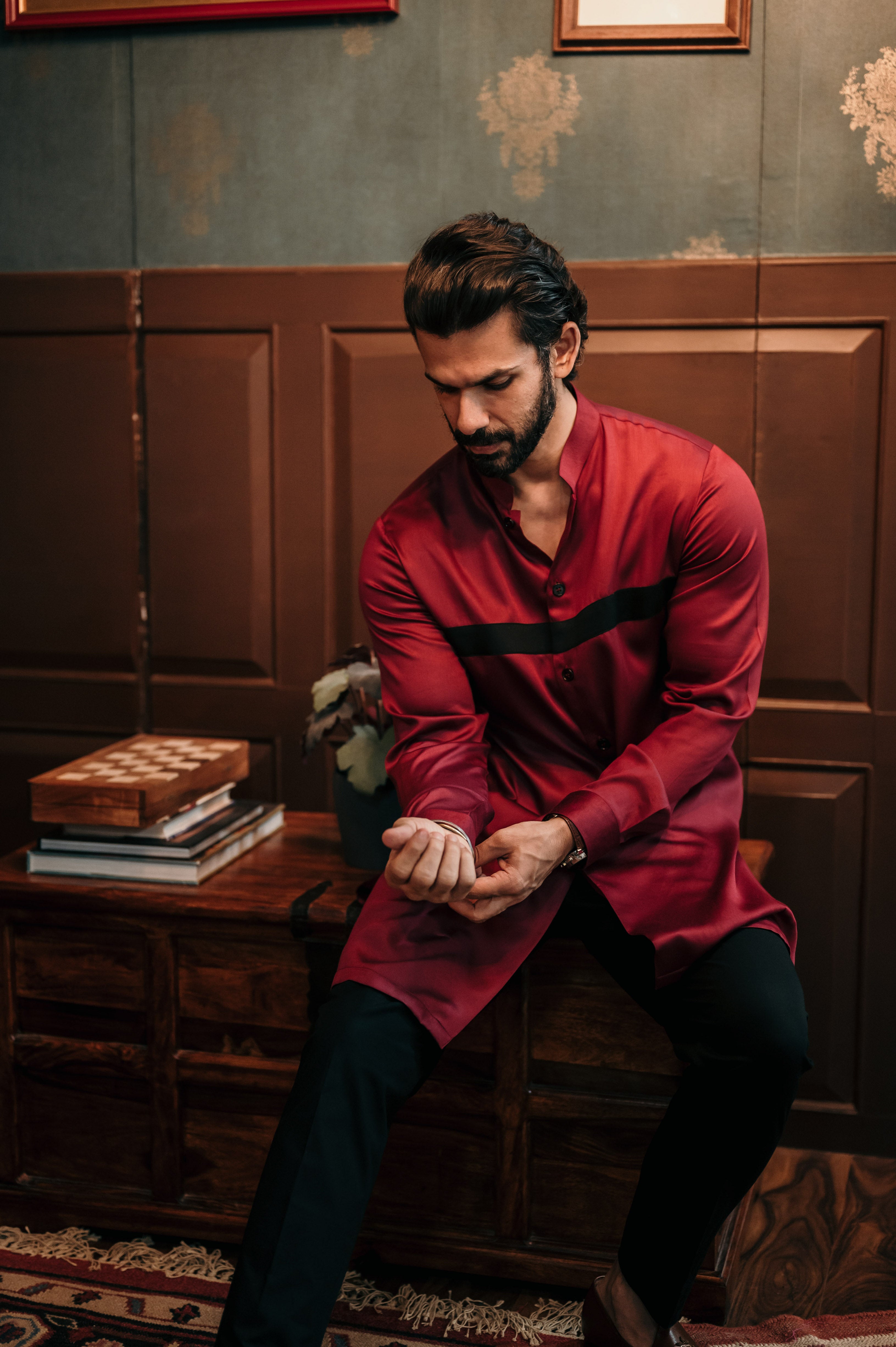Maroon Black Strip Shirt Kurta