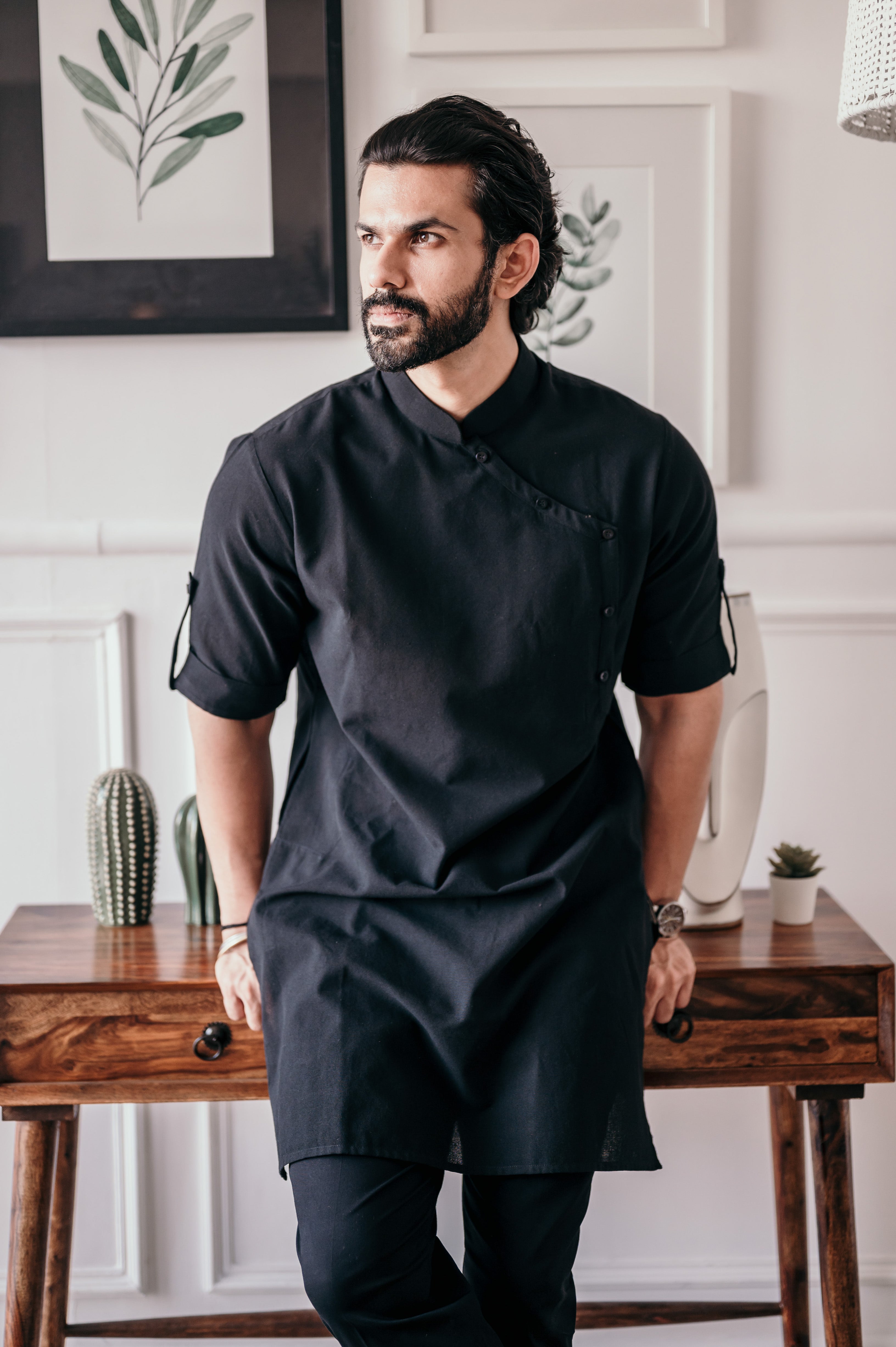 Black Side Button Kurta