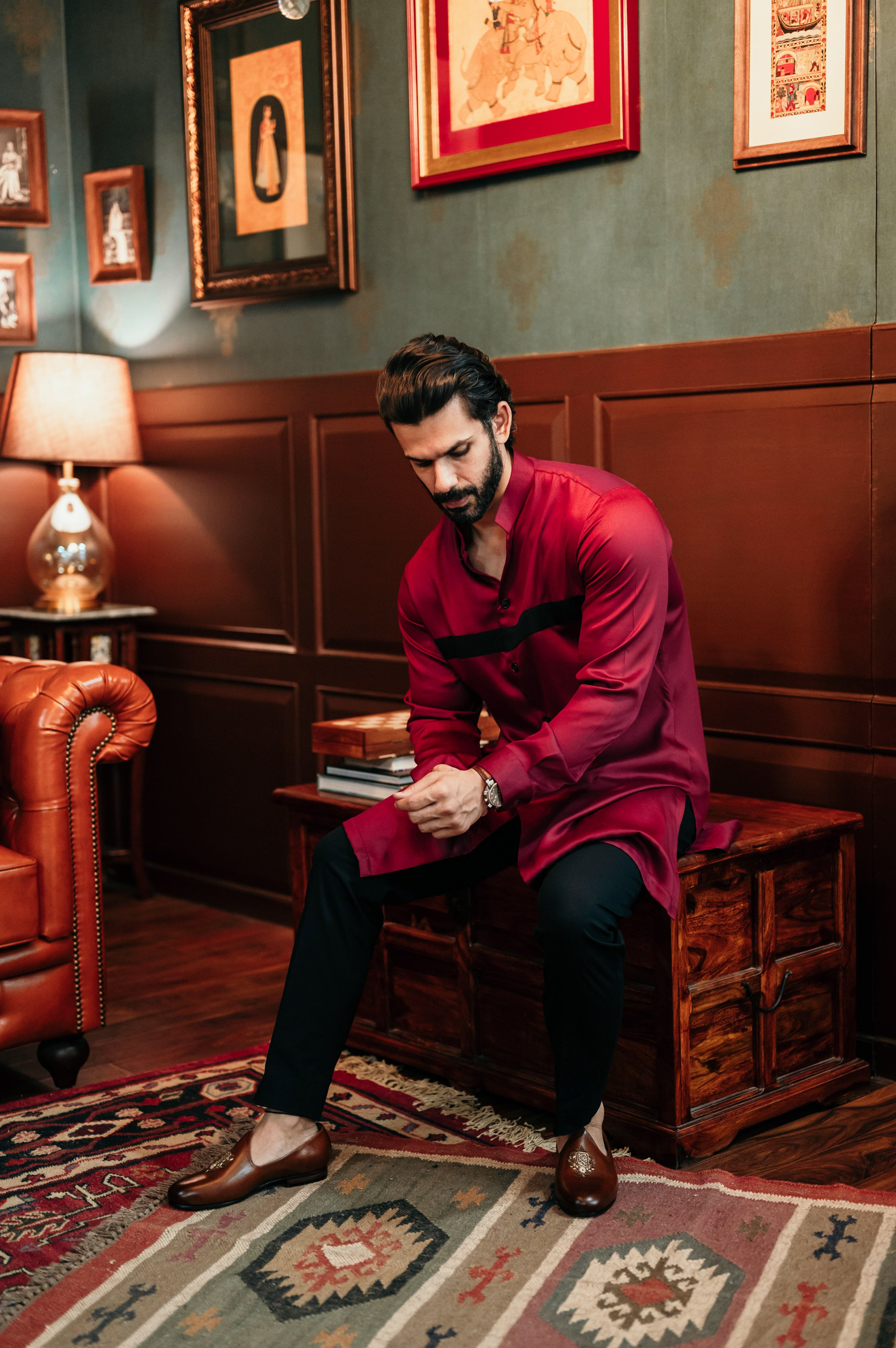 Maroon Black Strip Shirt Kurta