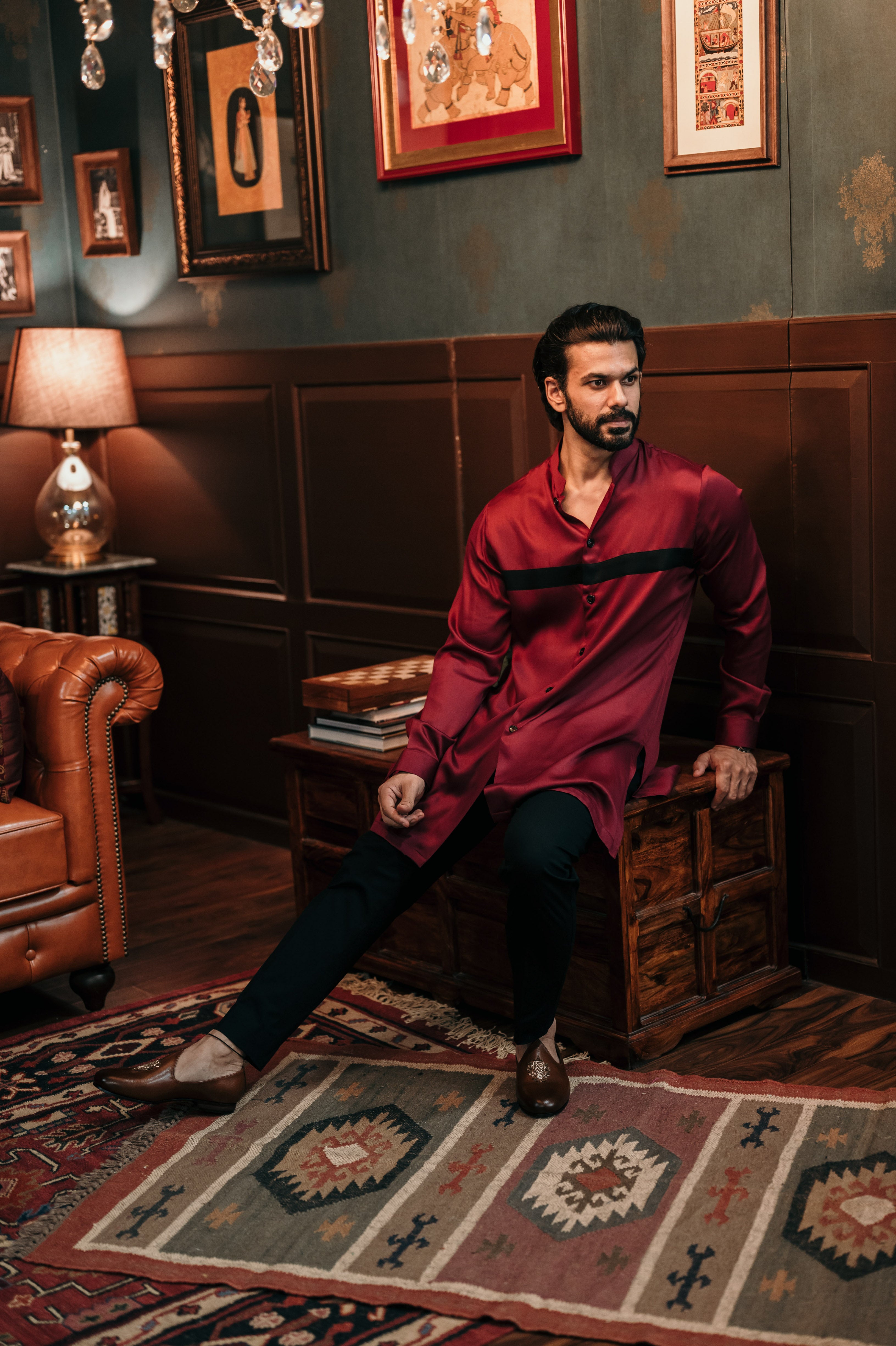 Maroon Black Strip Shirt Kurta