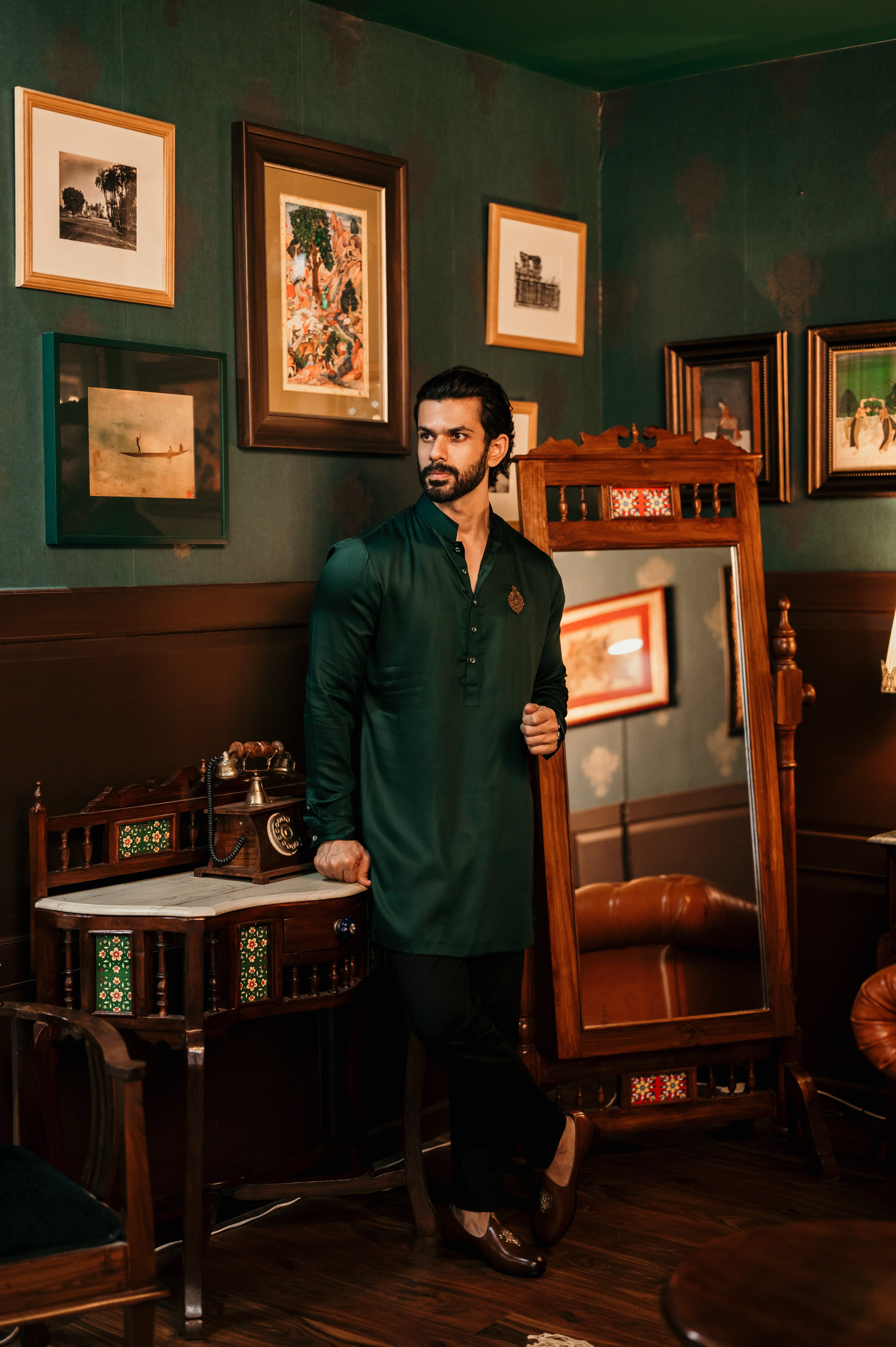 Bottle Green Embellished Short Kurta