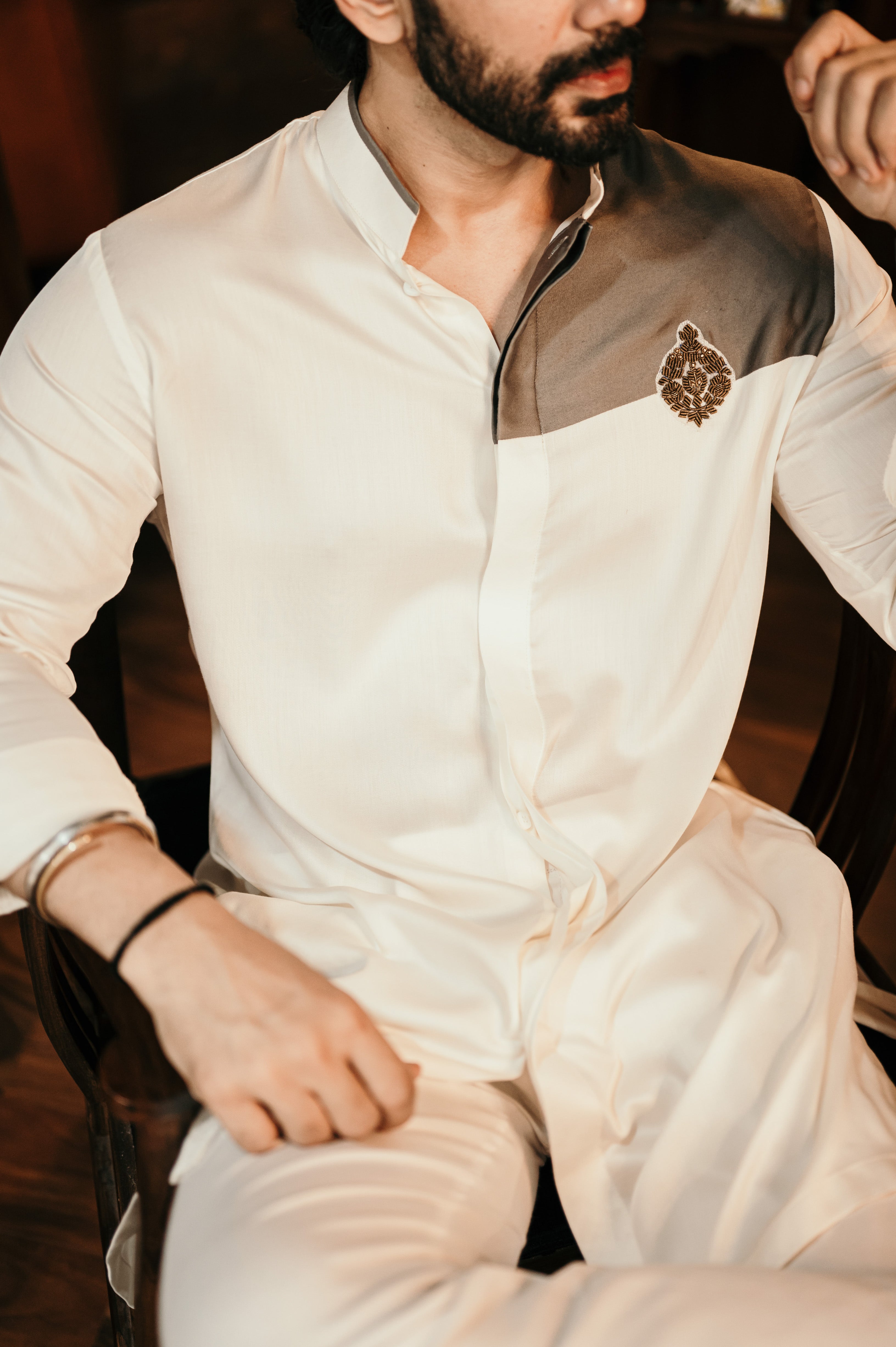 Ivory Grey Embellished Shirt Kurta