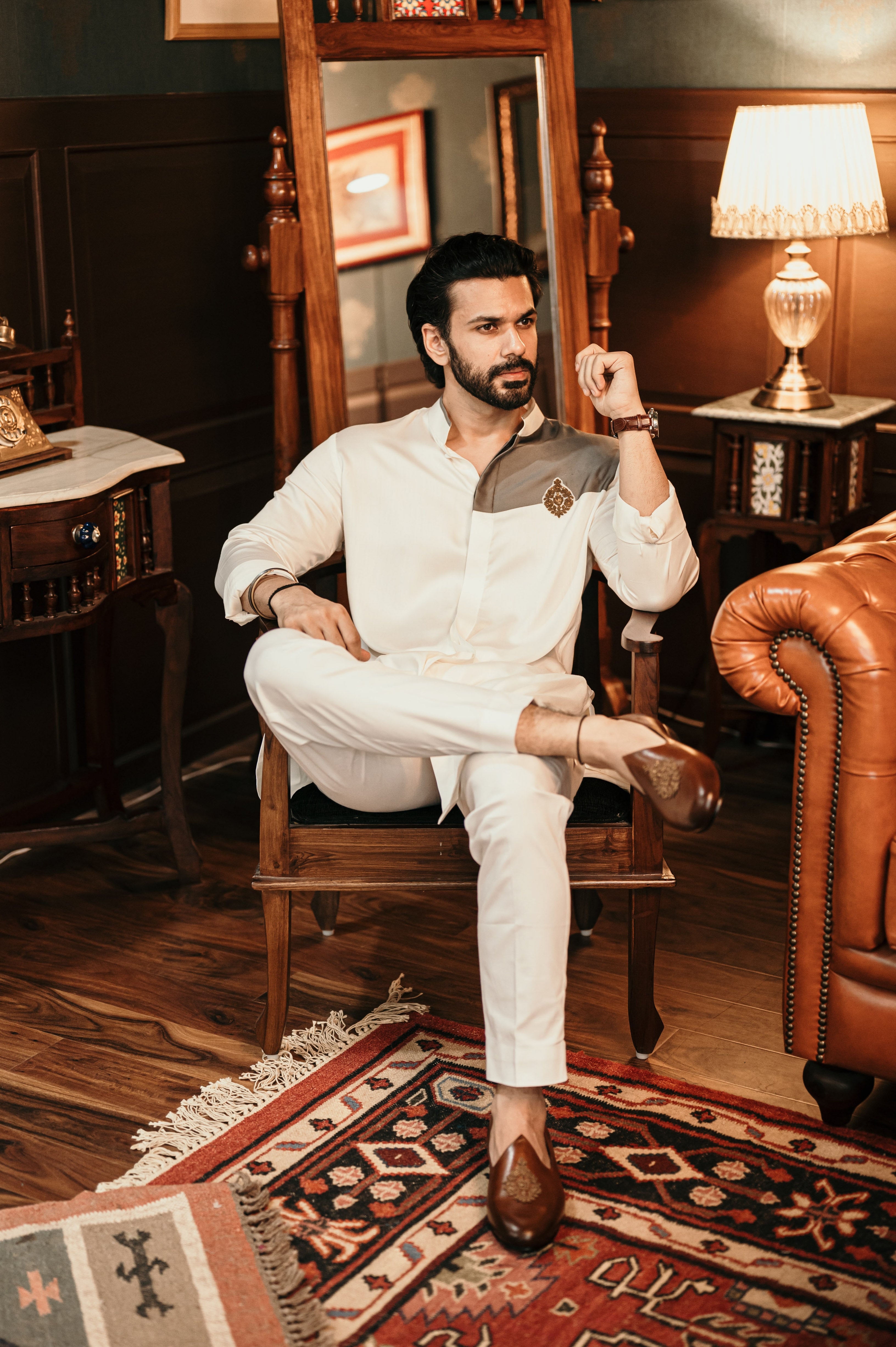 Ivory Grey Embellished Shirt Kurta