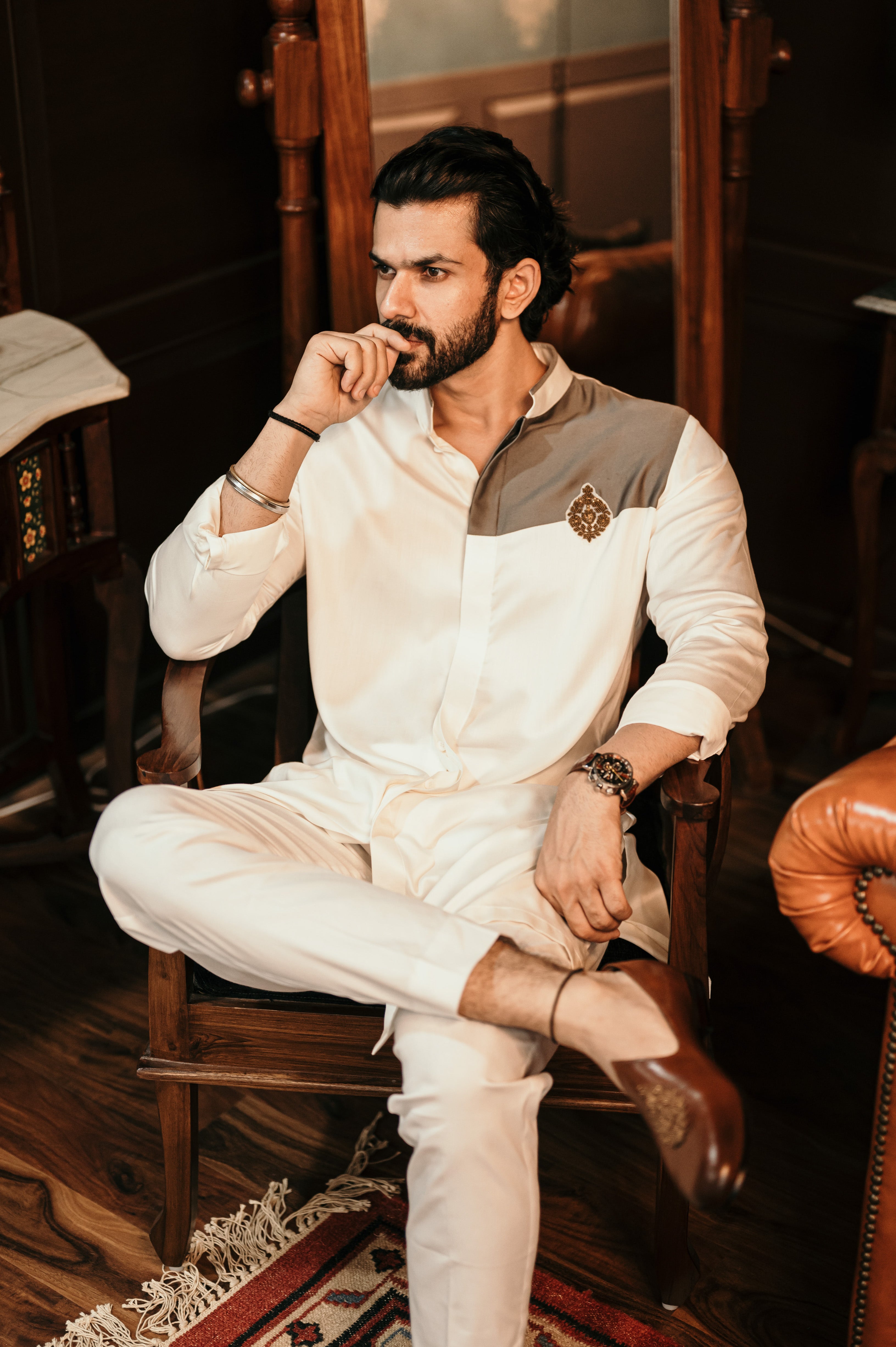 Ivory Grey Embellished Shirt Kurta