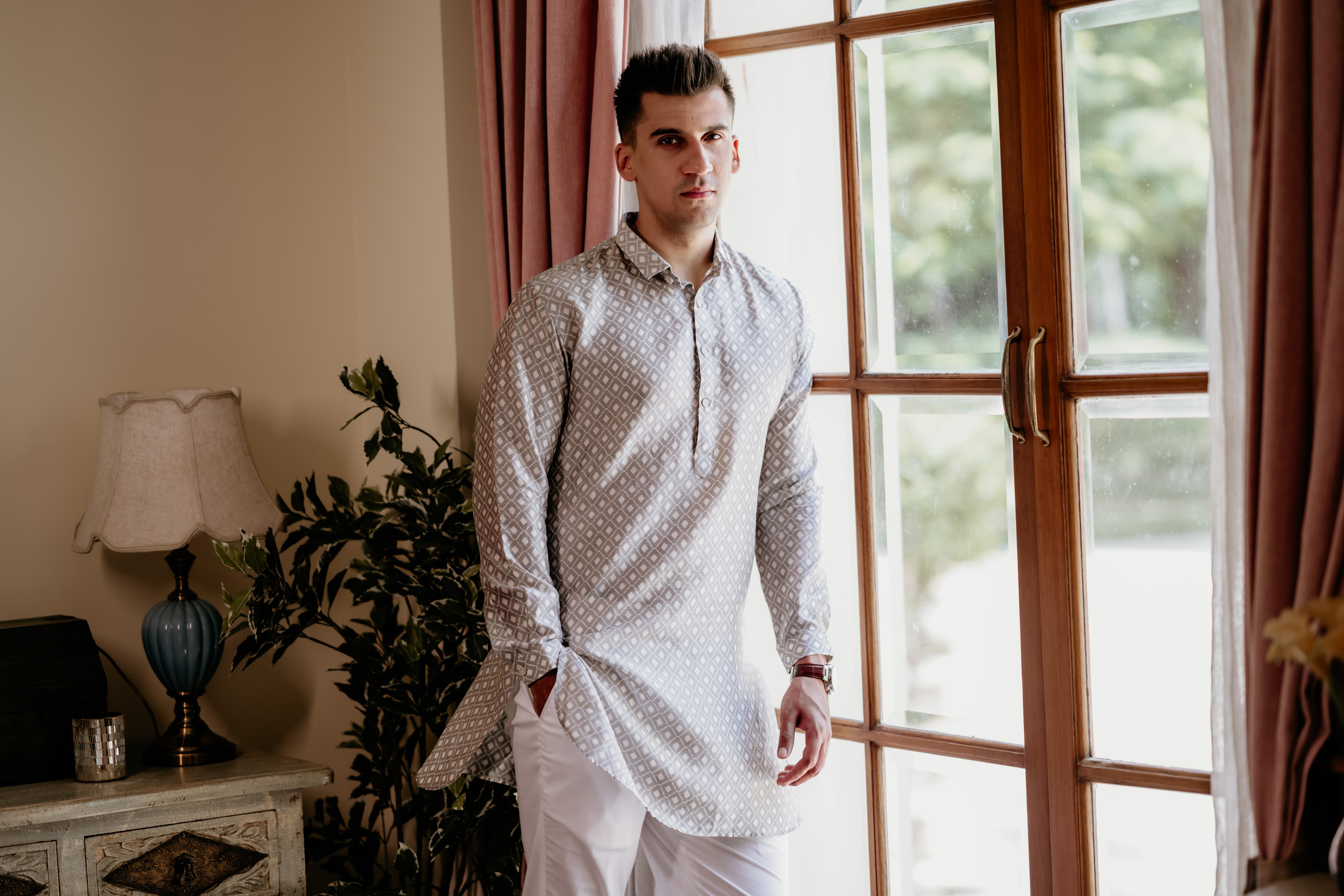 Grey White Self Chanderi Kurta