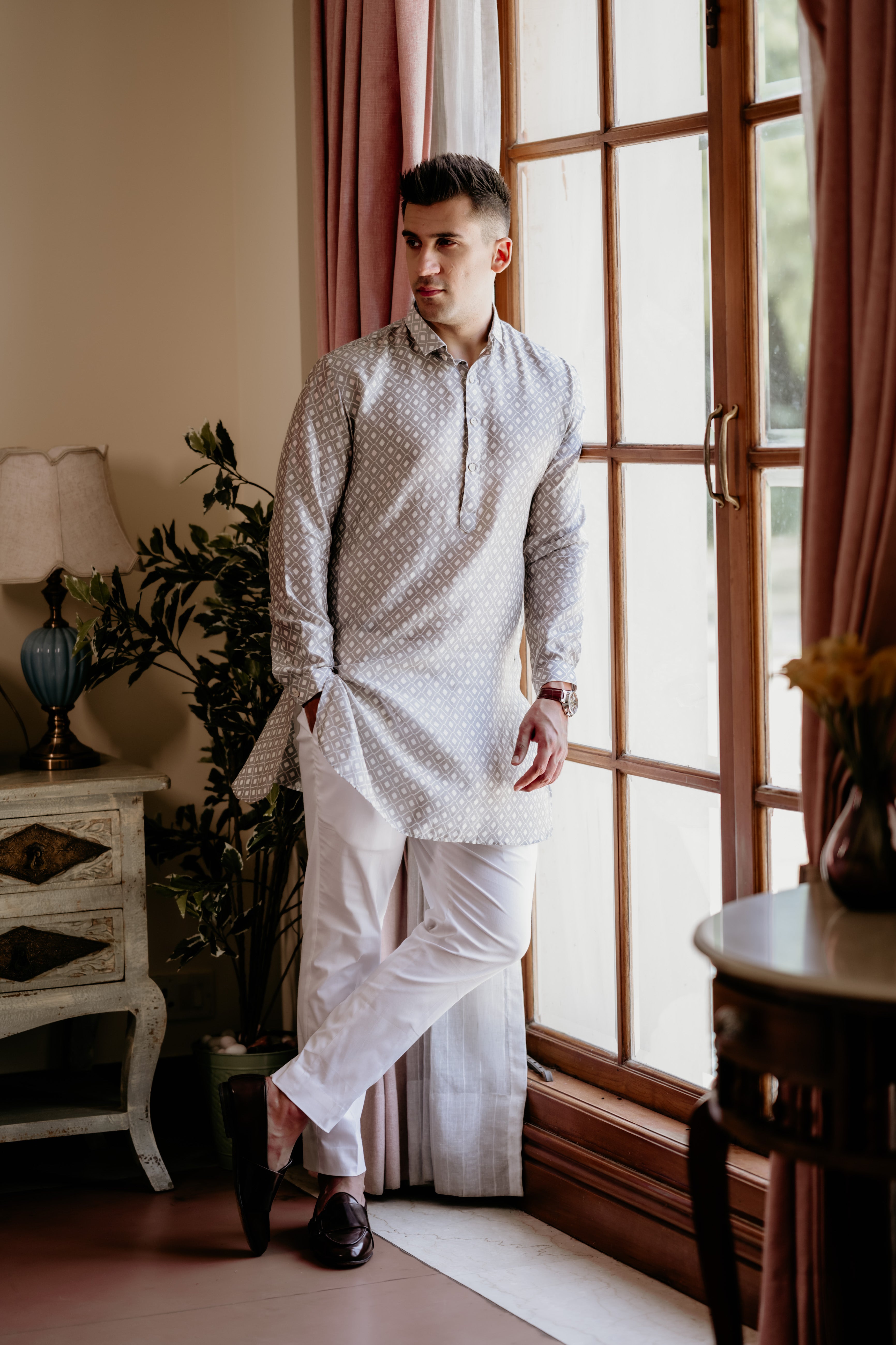 Grey White Self Chanderi Kurta