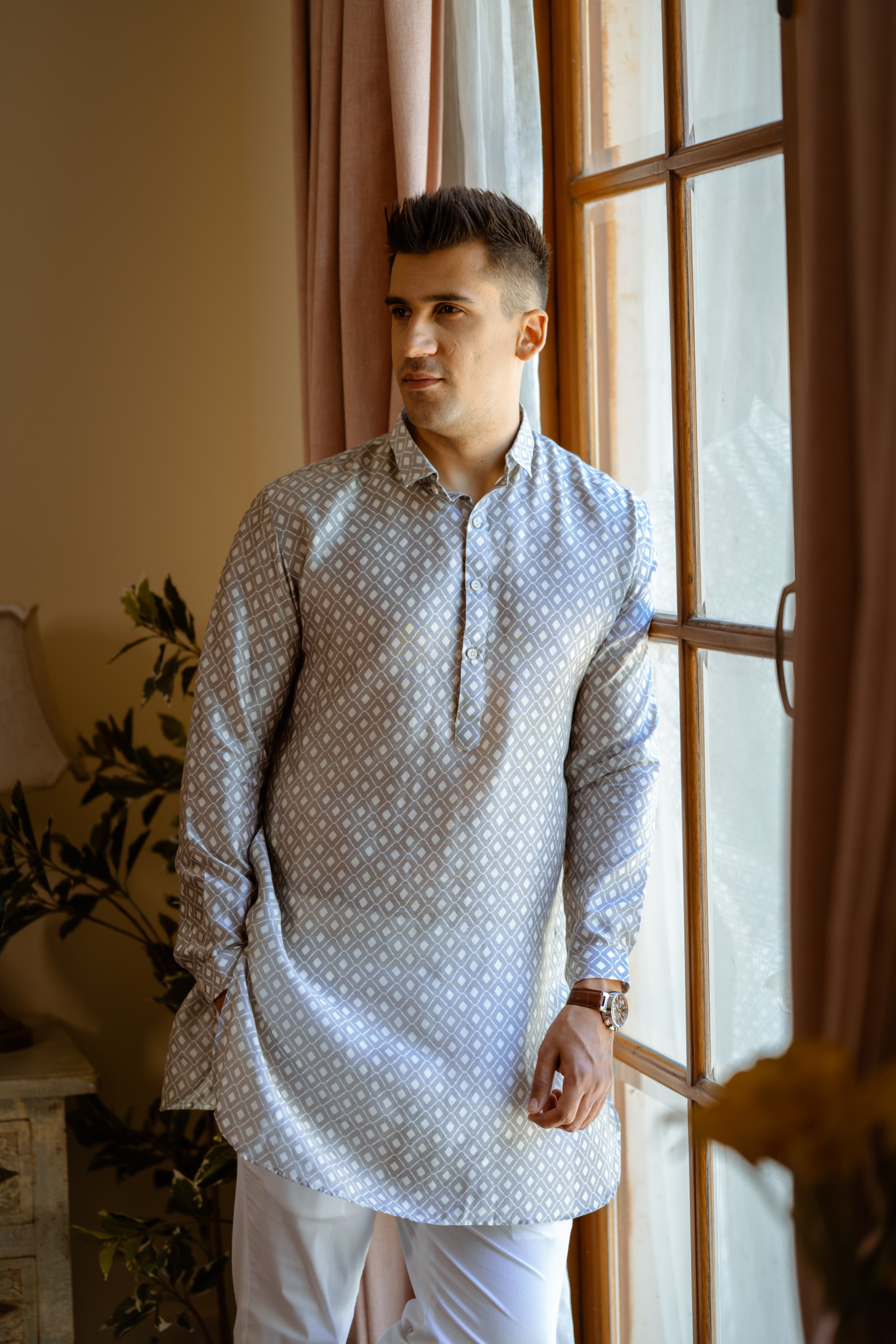 Grey White Self Chanderi Kurta