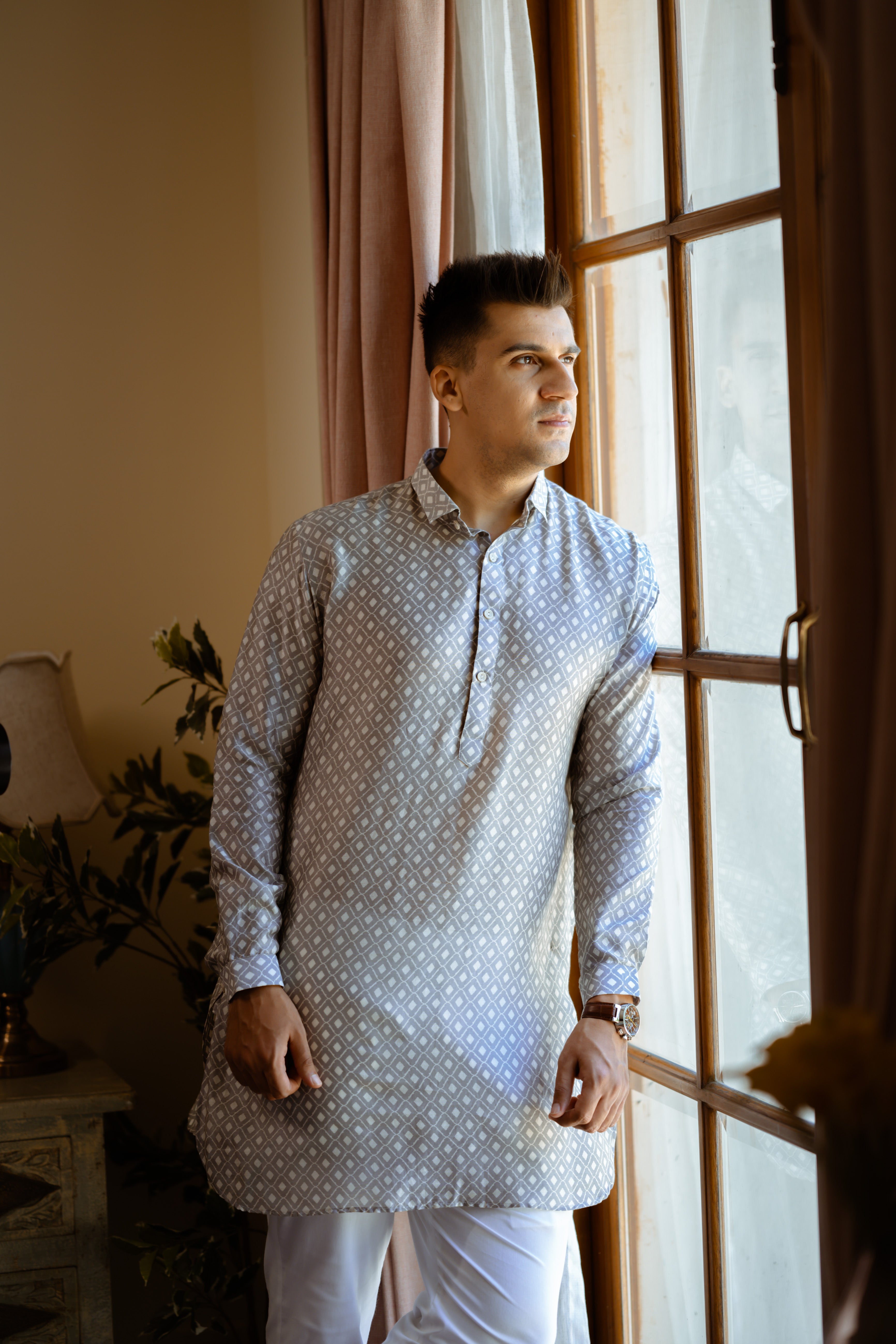 Grey White Self Chanderi Kurta