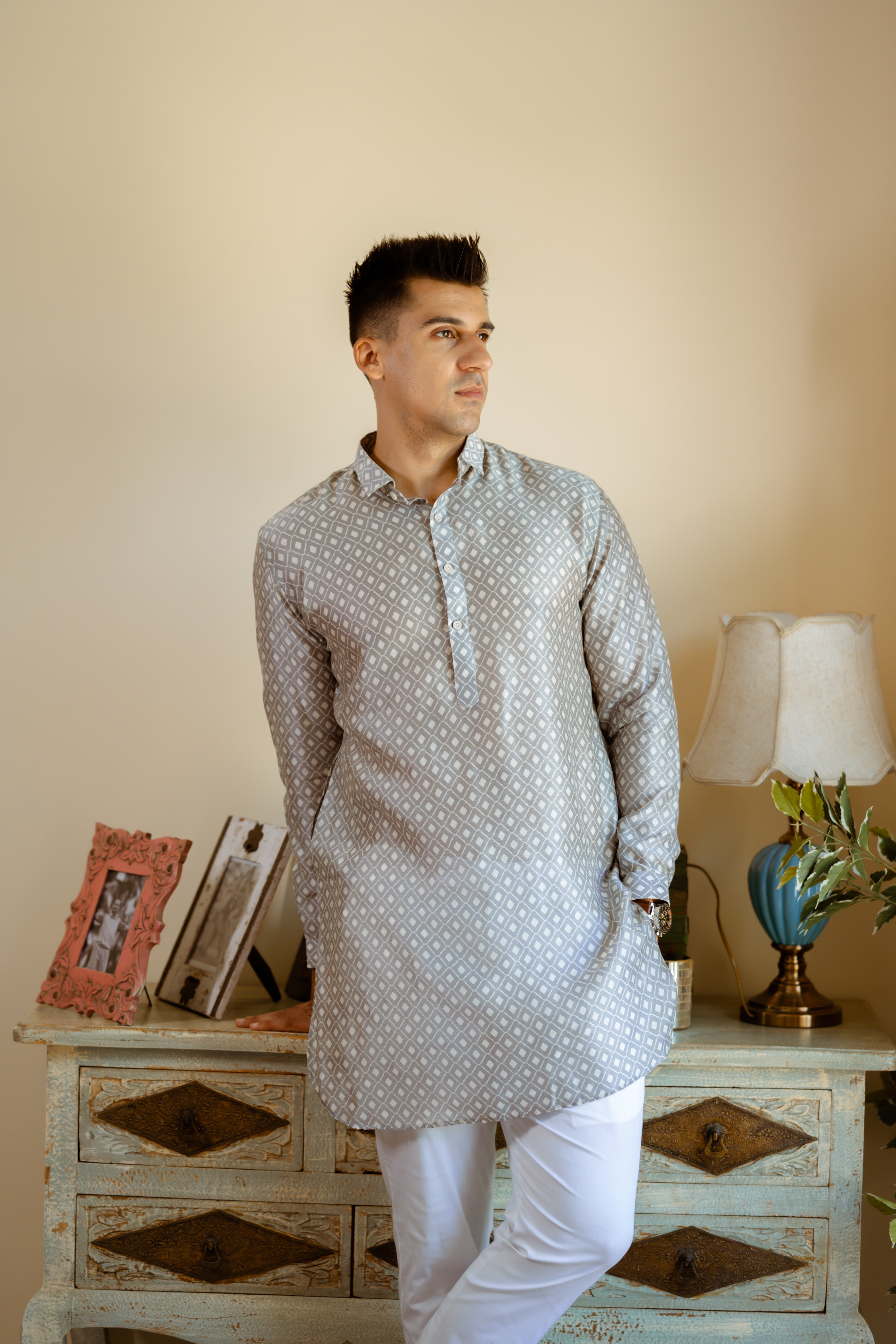 Grey White Self Chanderi Kurta