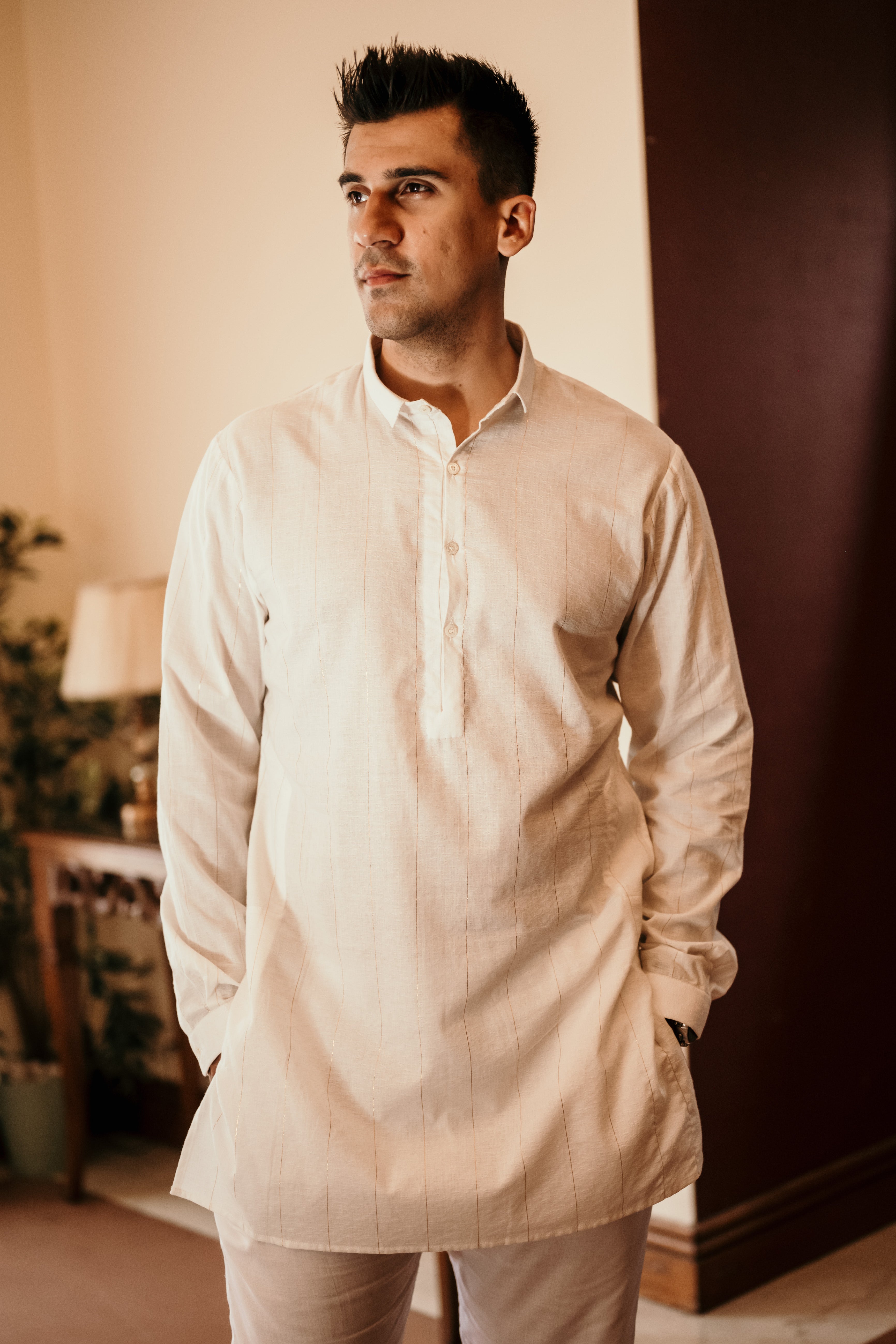 Golden Stripes on white jaquard Kurta