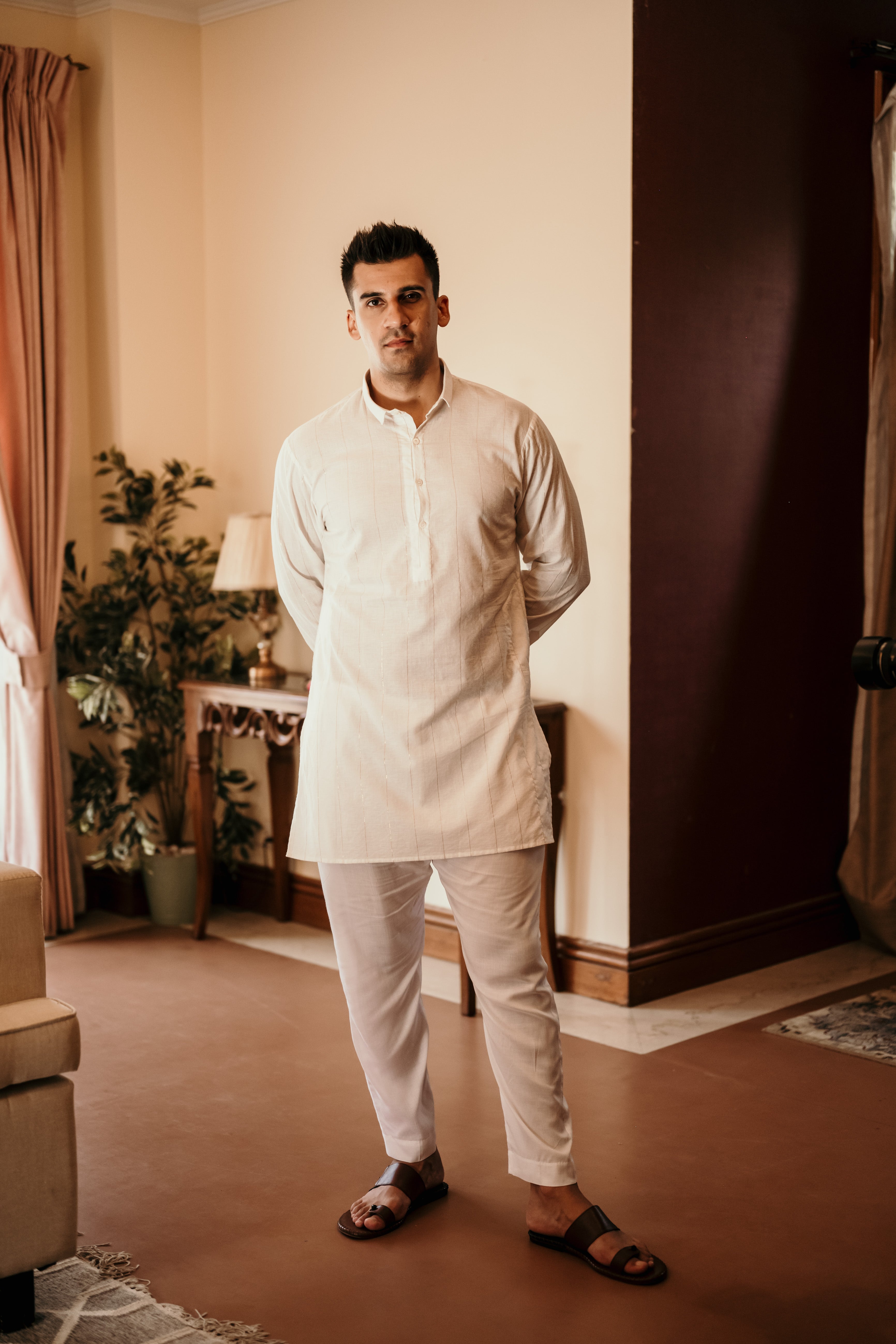 Golden Stripes on white jaquard Kurta