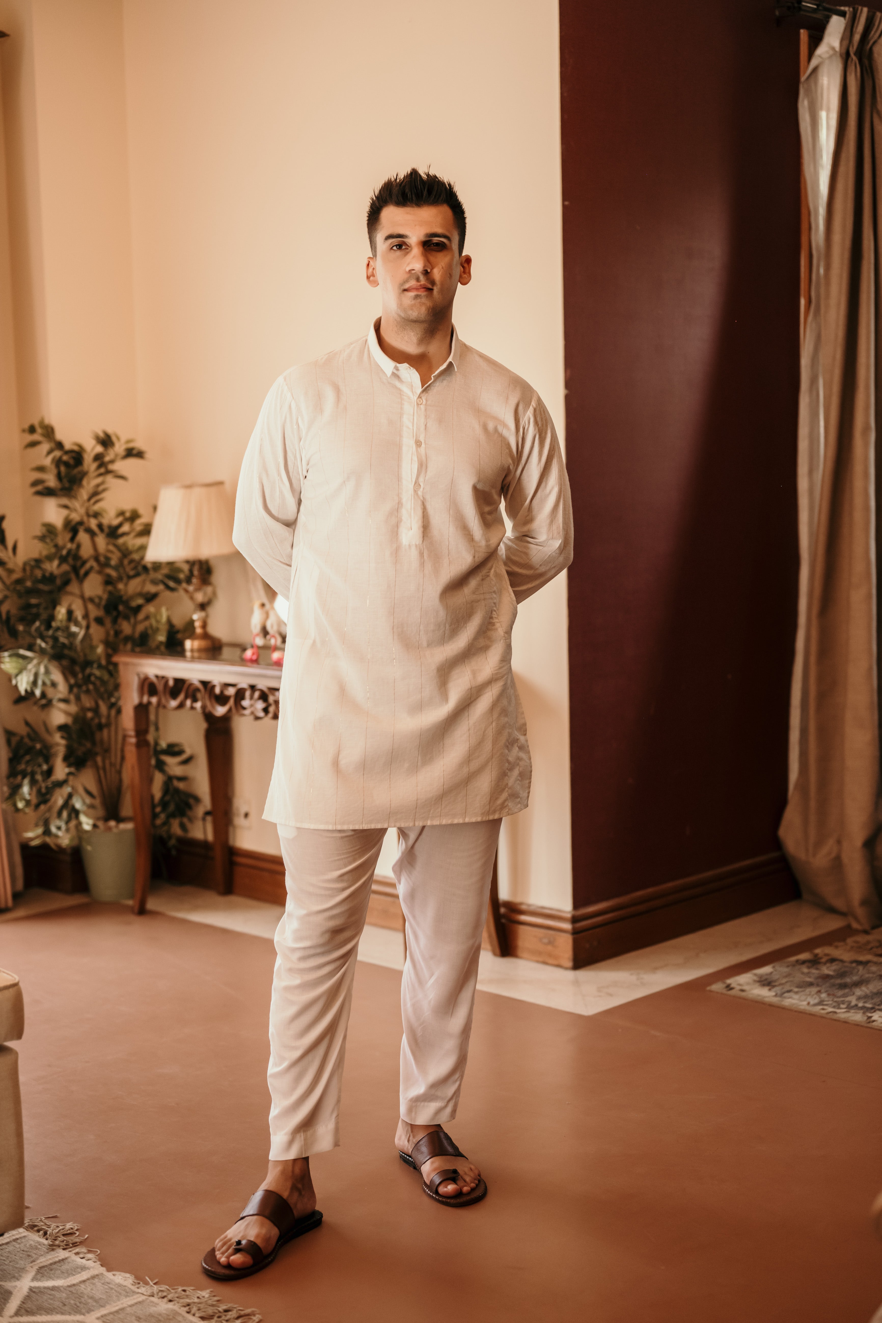 Golden Stripes on white jaquard Kurta